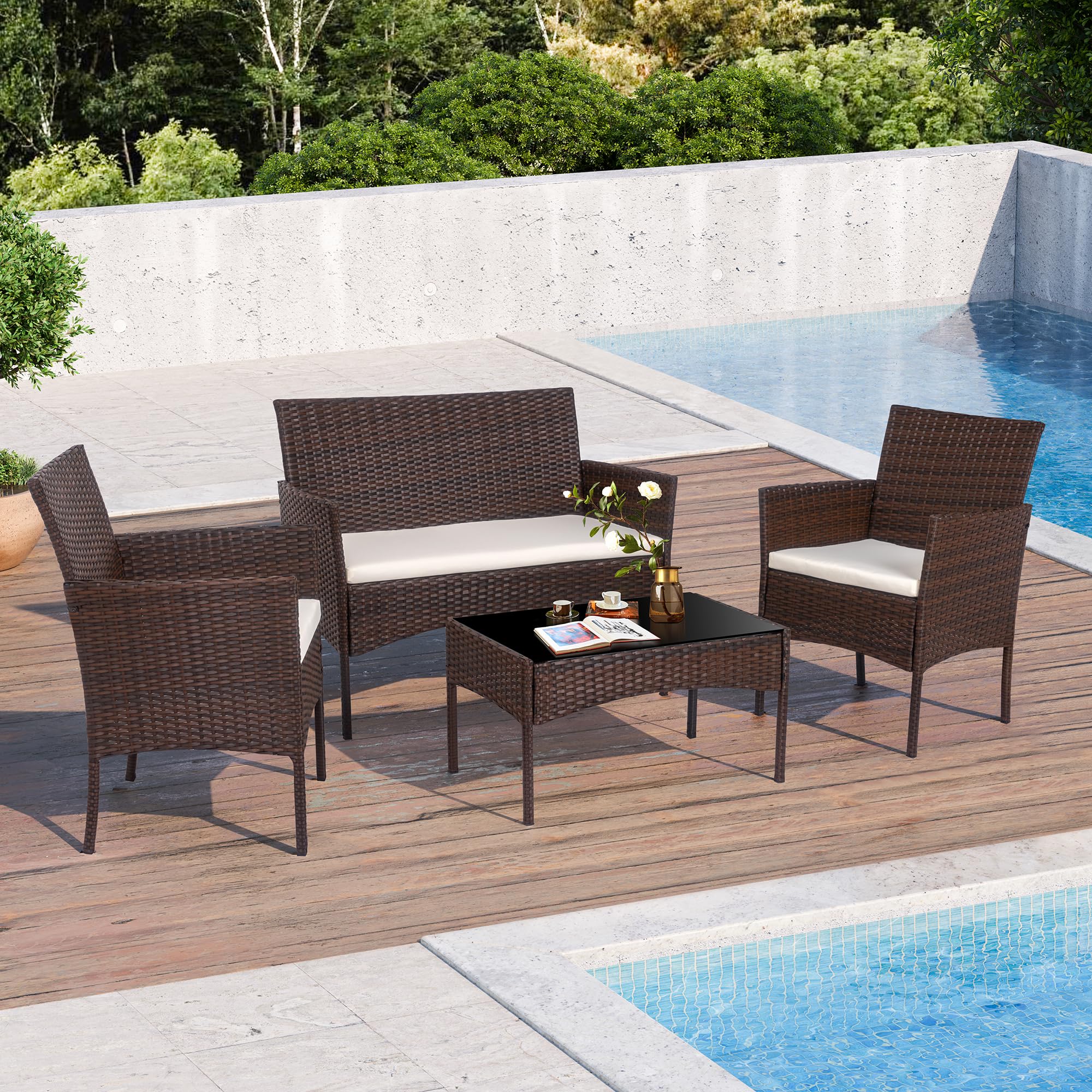 Shintenchi 4 Piece Outdoor Patio Furniture Set, Wicker Rattan Patio Conversation Set, Outdoor Chairs and Loveseat with Coffee Table for Porch, Yard &