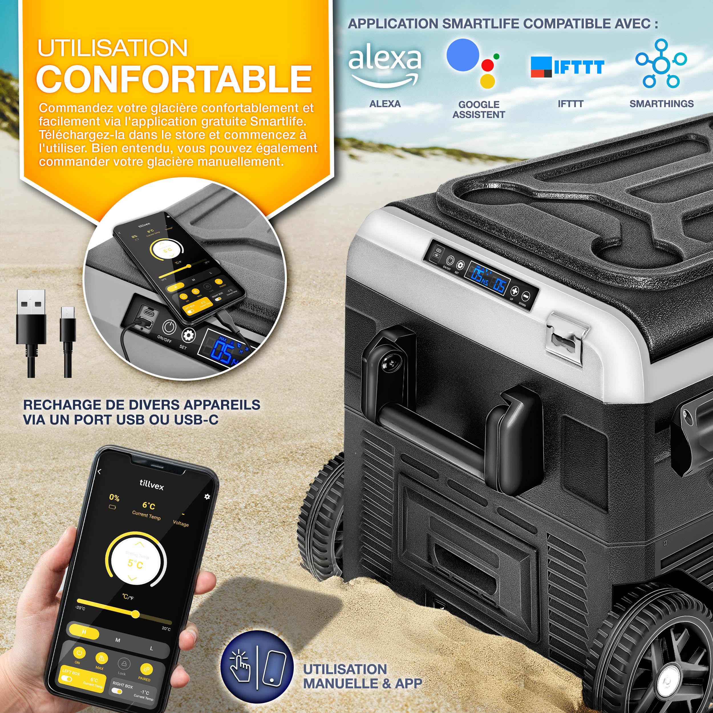 tillvex® Glacière à Compresseur | Congélateur Electrique avec Contrôle WiFi-APP, Port USB, 12/24 V 230V | Réfrigérateur jusqu'à -20 °C pour Voiture, Camion, Bateau, Camping-Car, Camping (Gris, 40 L)