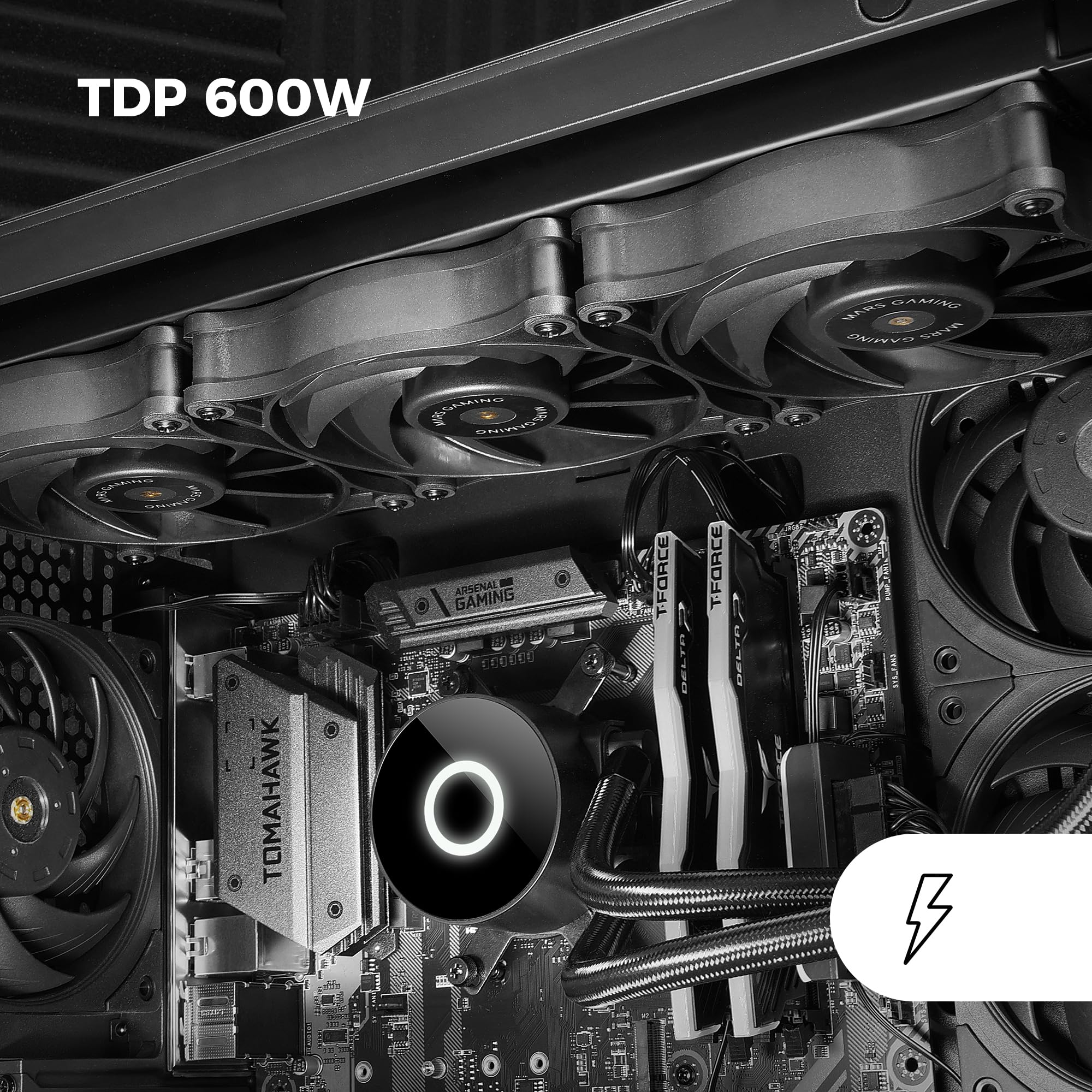 Mars Gaming ML-PRO360, Raffreddatore a Liquido Professionale CPU, TDP 600W, 3x Ventole FDB Ultra-silenziose, Pompa Opti-Chamber con Anello di Illuminazione Bianca, Multisocket Universale, Nero