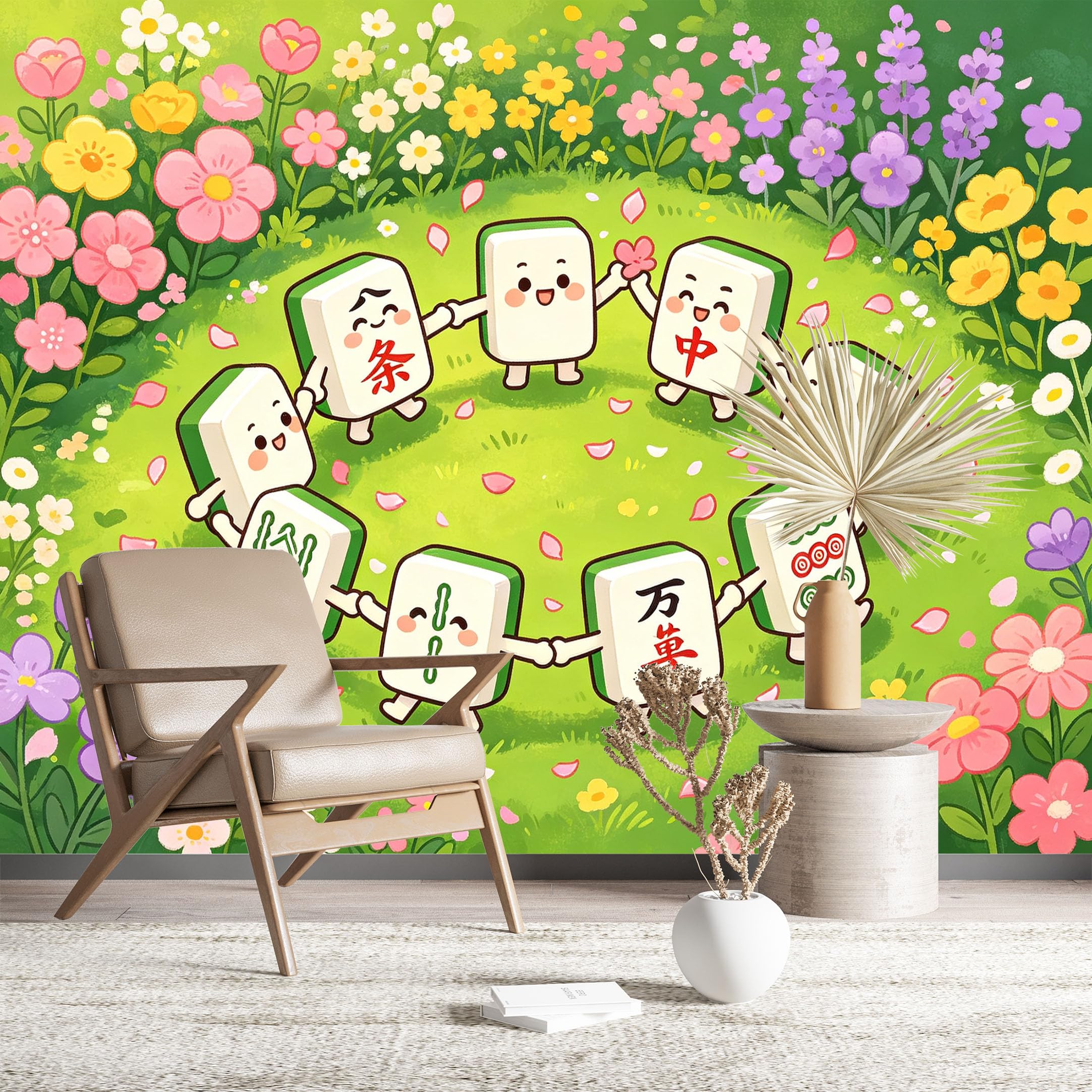 Custom Size Wall Murals Cute Mahjong Characters in Flower Field Wall Murals Game Wallpaper Vivid Self-Adhesive Removable Wallpaper for Living Room Home Decor