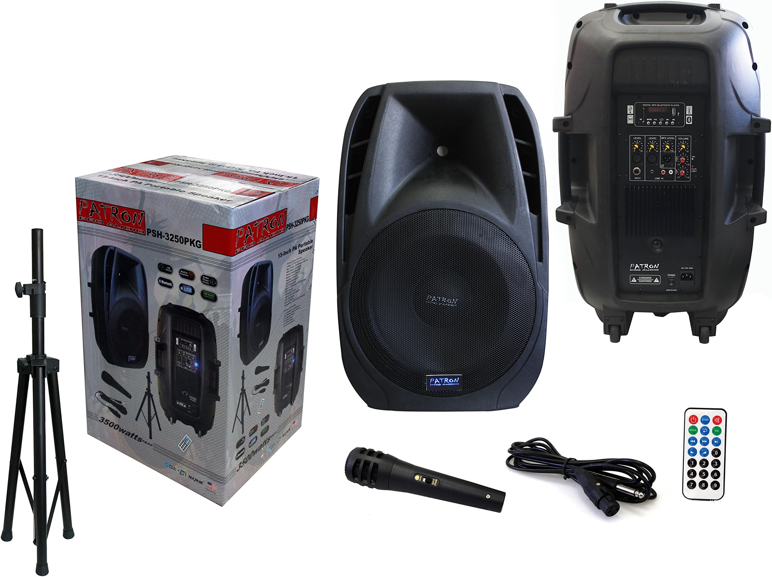 PSH3250PKG 2 Way 15" 3500 W Max Power Speaker, Bluetooth Wire Microphone and Stand