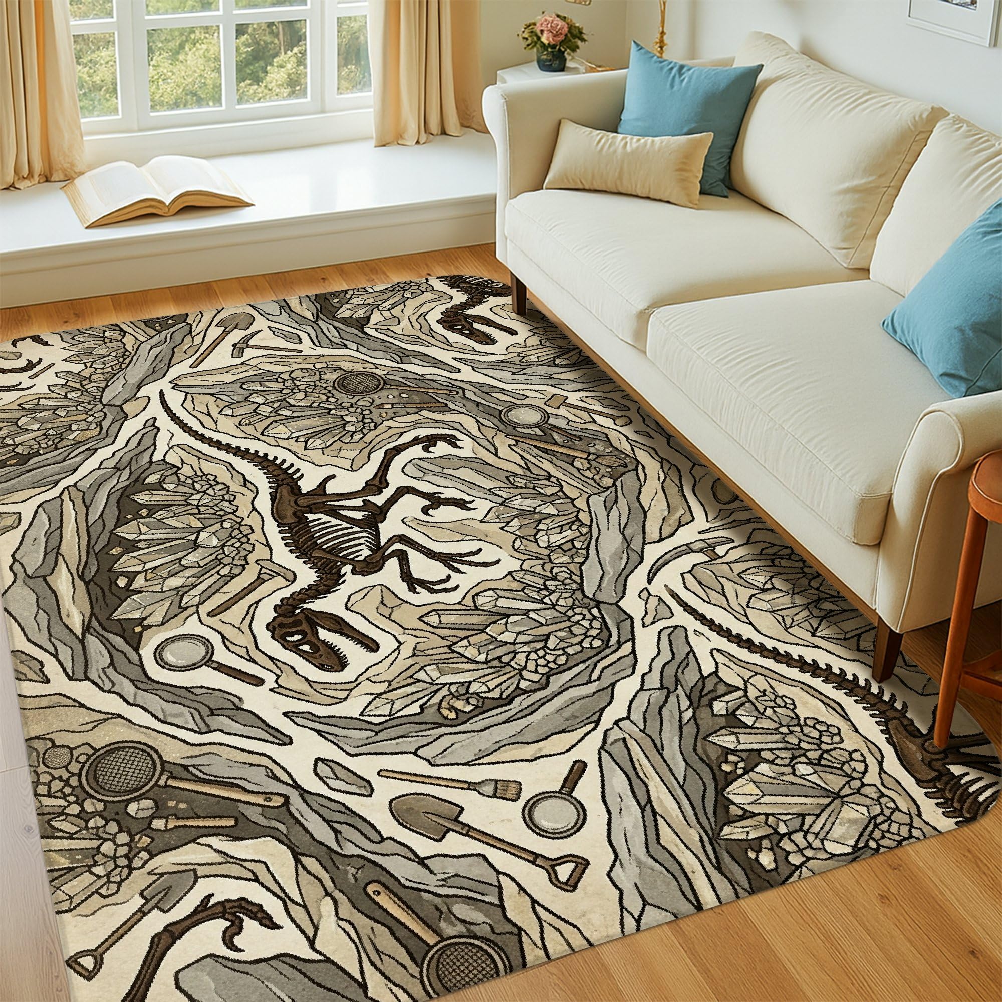 Dinosaurier-Teppich, Abenteuer, natürlicher Kristall, Rock, Abenteuer, Beige, niedriger Flor, Schwamm-Teppich, farbecht, ästhetischer Teppich für Wohnzimmer, Schlafzimmer, Flur, Schreibtisch, Büro