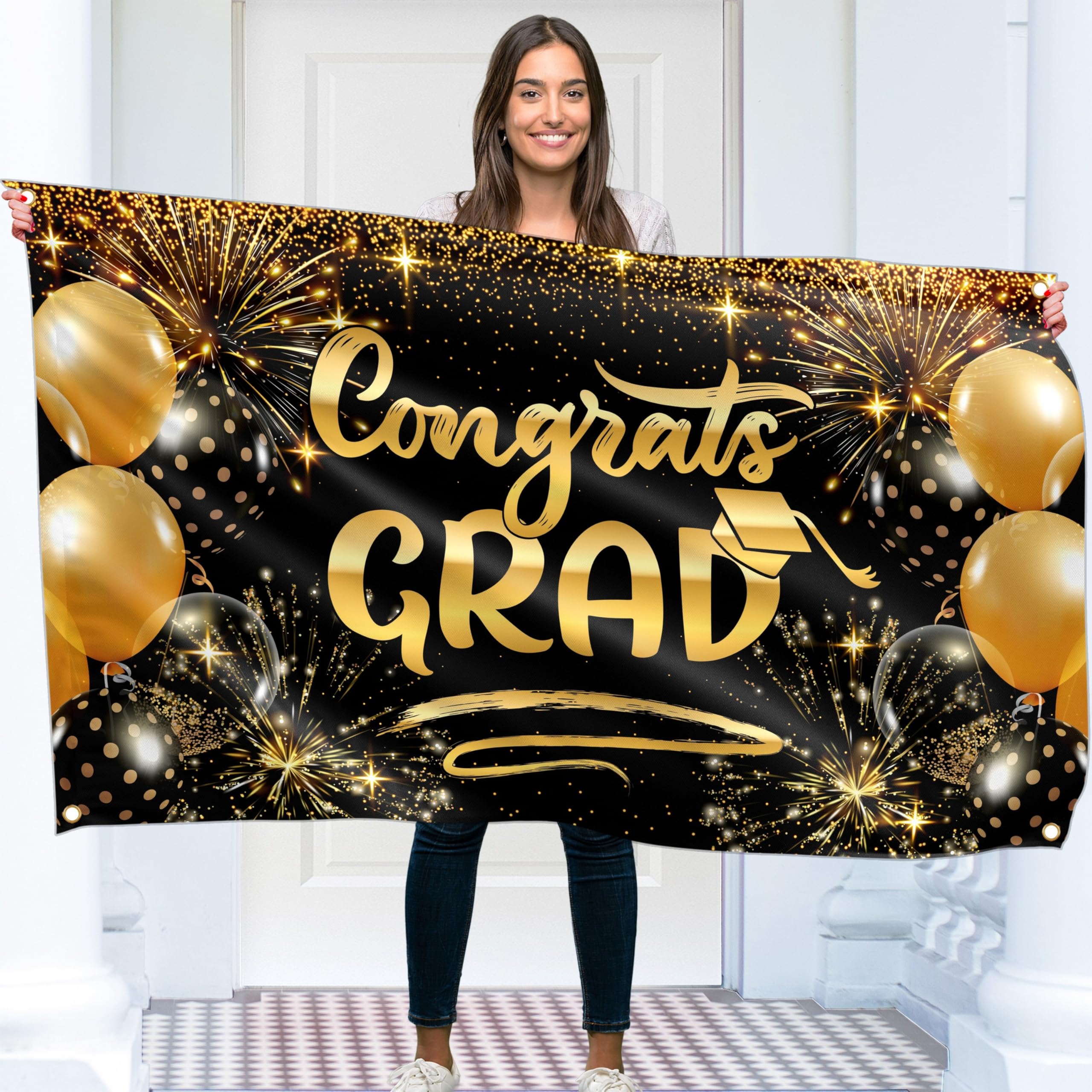 Congrats Grad Banner - Graduation Decorations 5x3ft - Congratulations Banner - Well Done - We Are So Proud of You - You Did It (Black & Gold)
