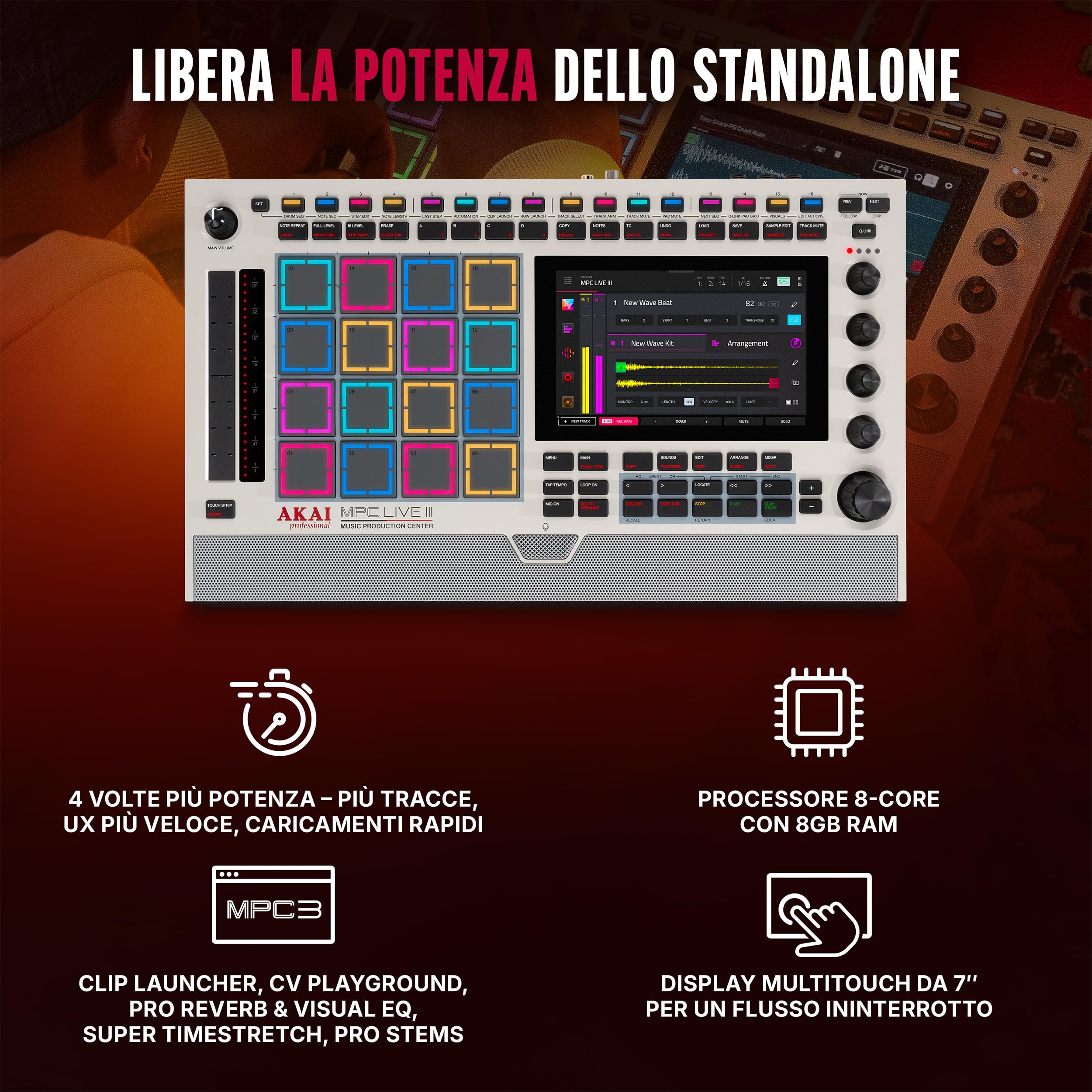 Akai Professional MPC Live III Retro Centro di Produzione Musicale Portatile Standalone con Pads MPCe, Sequencer, Touchscreen, Microfono, Monitor Stereo, Interfaccia Audio, Wi-Fi, Bluetooth, Batteria