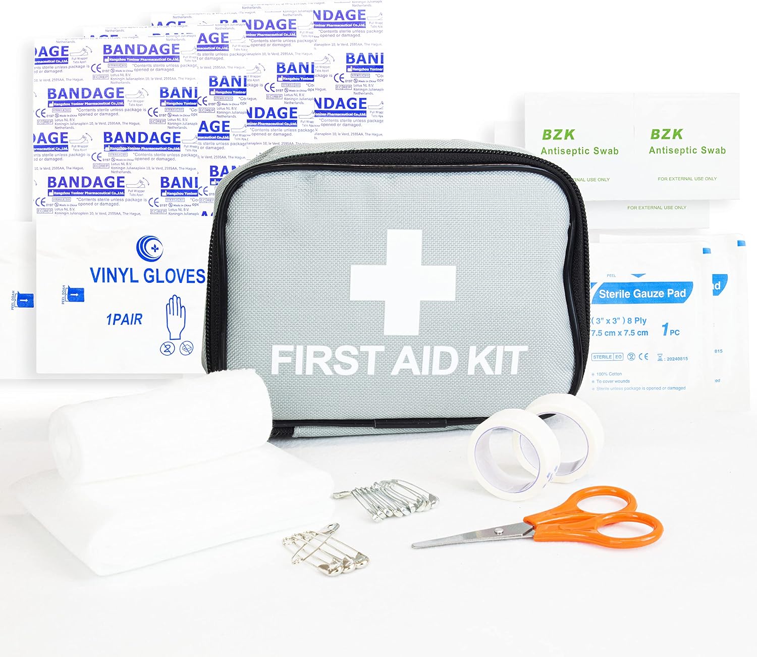 First Aid Kit, Grey, Compact First Aid Kit Bag, Bandages, Dressing Pads Plasters