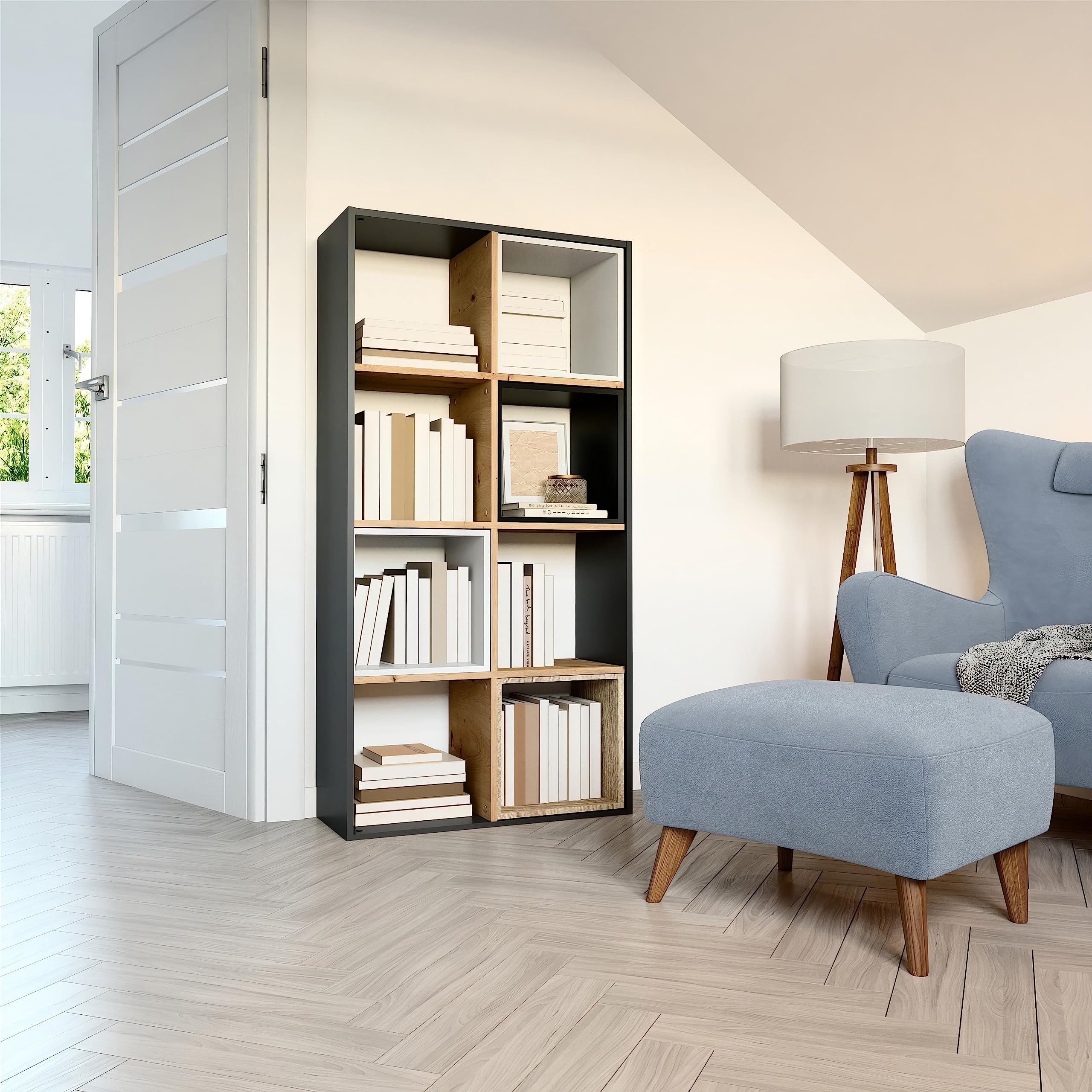 CDF Libreria a Cubi 8 Vani Scaffale a Giorno Orizzontale Mobile Divisorio Basso Soggiorno Studio Ufficio Organizzazione Casa Struttura Moderna Robusta 147 x 75 x 30 cm - Antracite/Rovere Artisan