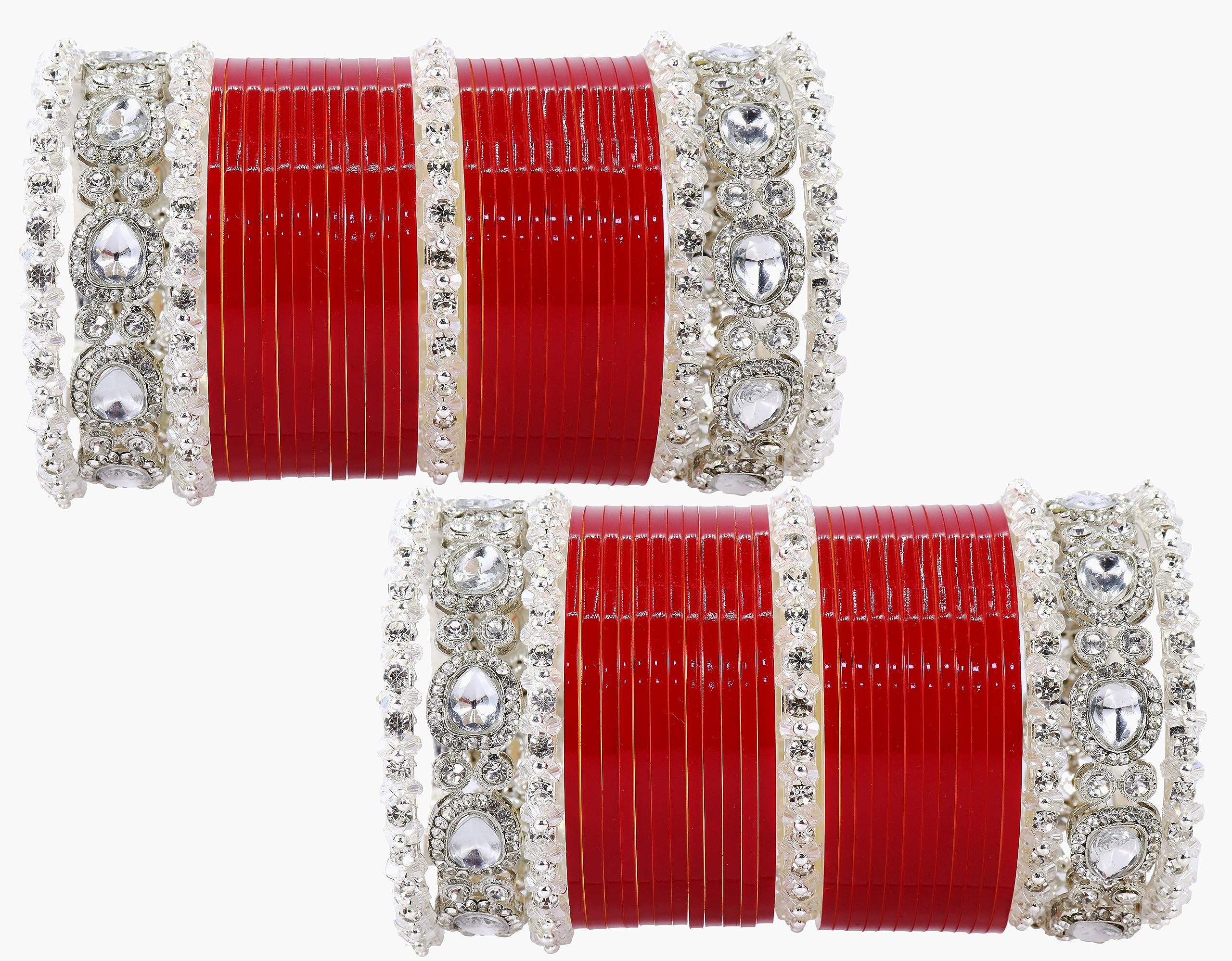 LAVAZZA Designer Pearls & AD Diamond Chuda Set For Bridal Women and Girls | Chuda Set Red For Wedding| Plastic Chura | Punjabi Dulhan Chooda | Women's Bangles| Red Chooda Set