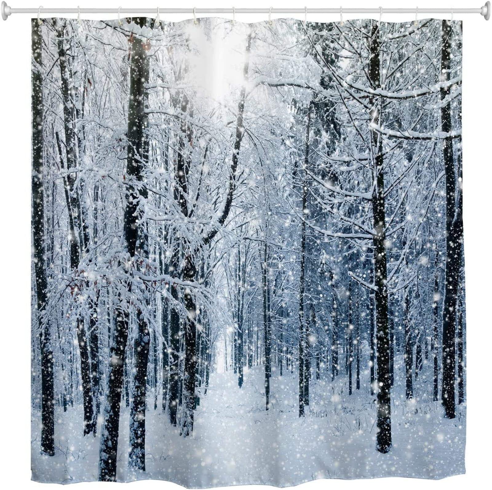 3D Forest Shower Curtain 120x180, Winter Print Shower Curtains Tree Scene, Polyester Fabric Anti Mould Decorative Bathroom Curtains with Hooks