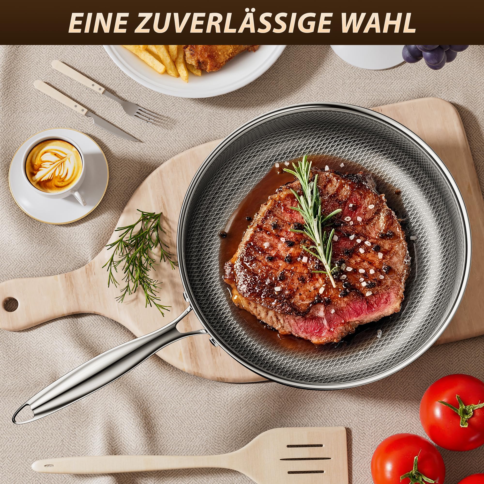 Tiefe Bratpfanne mit Deckel 26cm, Edelstahlpfanne Hybrid, Kühl bleibender Griff, Spülmaschinenfest, PFAS, PFOA und PTFE Frei, Ofenfest bis 260 °C, Geeignet für Induktion, Alle Herdarten