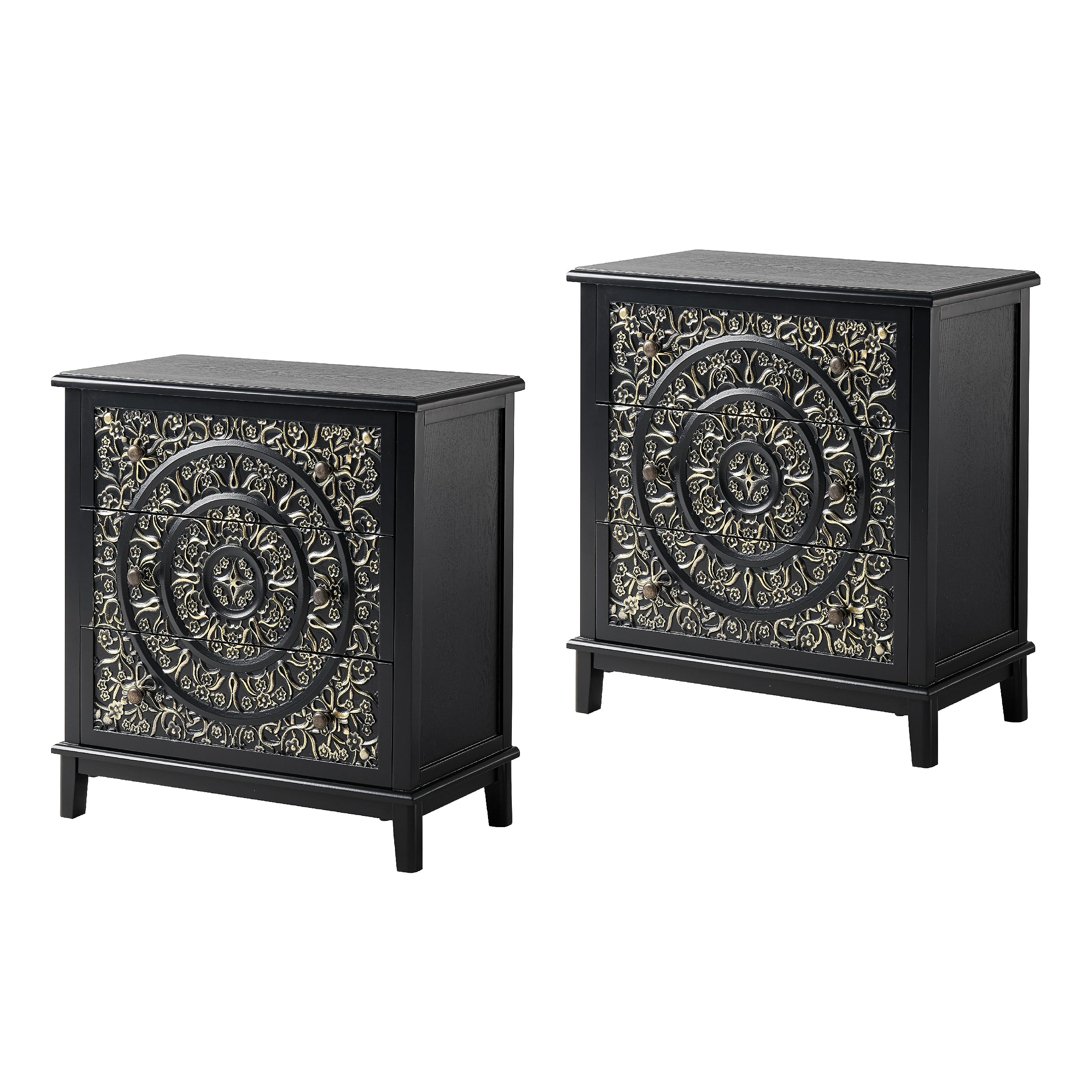 COZAYH 3-Drawer Fully-Assembled Flower Motif Dresser Set of 2 for French Country, Modern, Rustic Style, Distressed Finish, Gold & Black