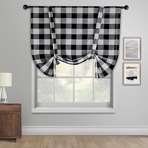 Creativesfun Tie Up Curtain for Kitchen Window Buffalo Check Adjustable Tie Up Shades Plaid Gingham Farmhouse Rod Pocket for Bathroom (42 X 45 -INCH, Black & Cream)