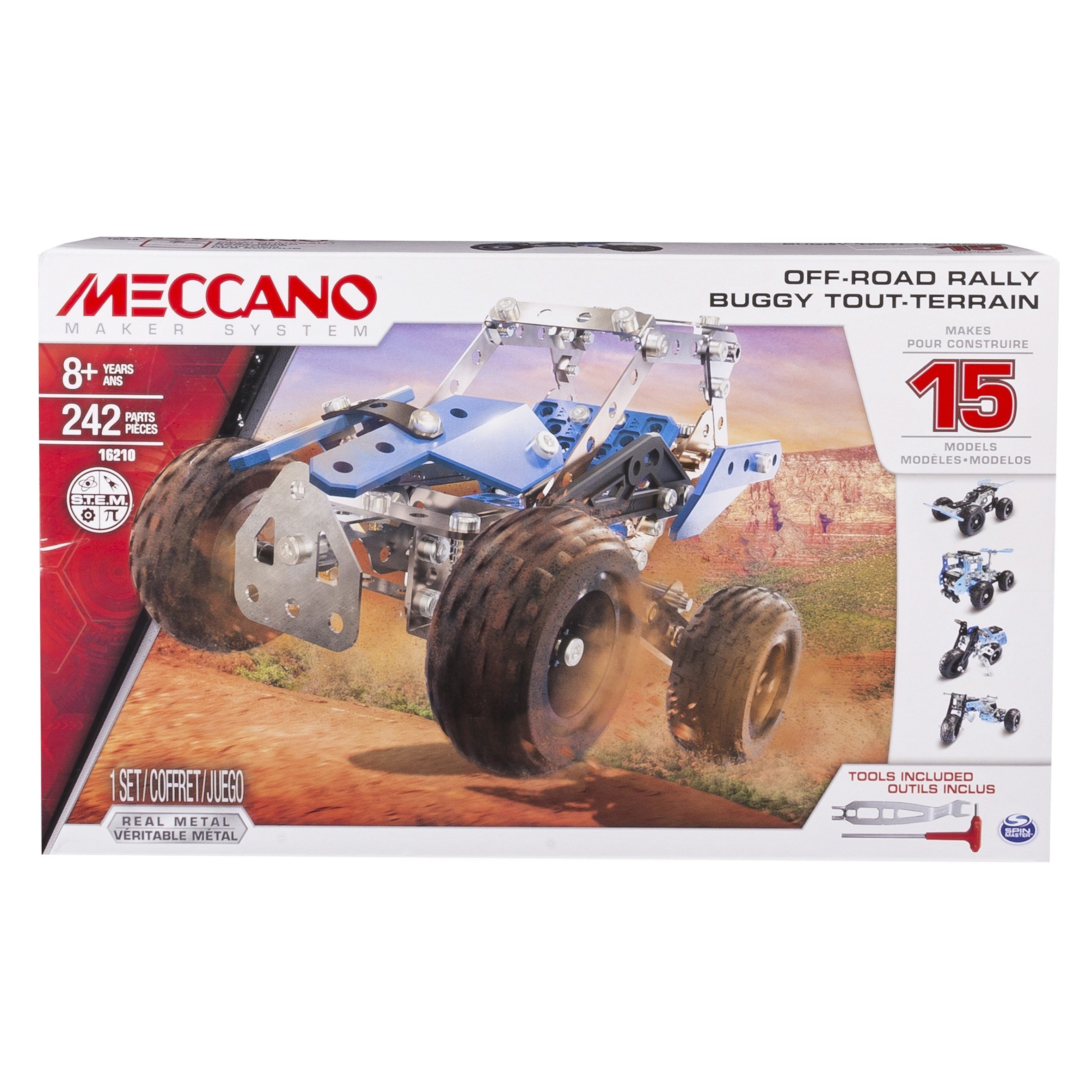 Meccano 15 in 1 Set Off Road Rally - Juego de construcción de varios modelos de vehículos de 242 pieza(s), Metal y Plástico, Colores Azul ( Plata y Negro)