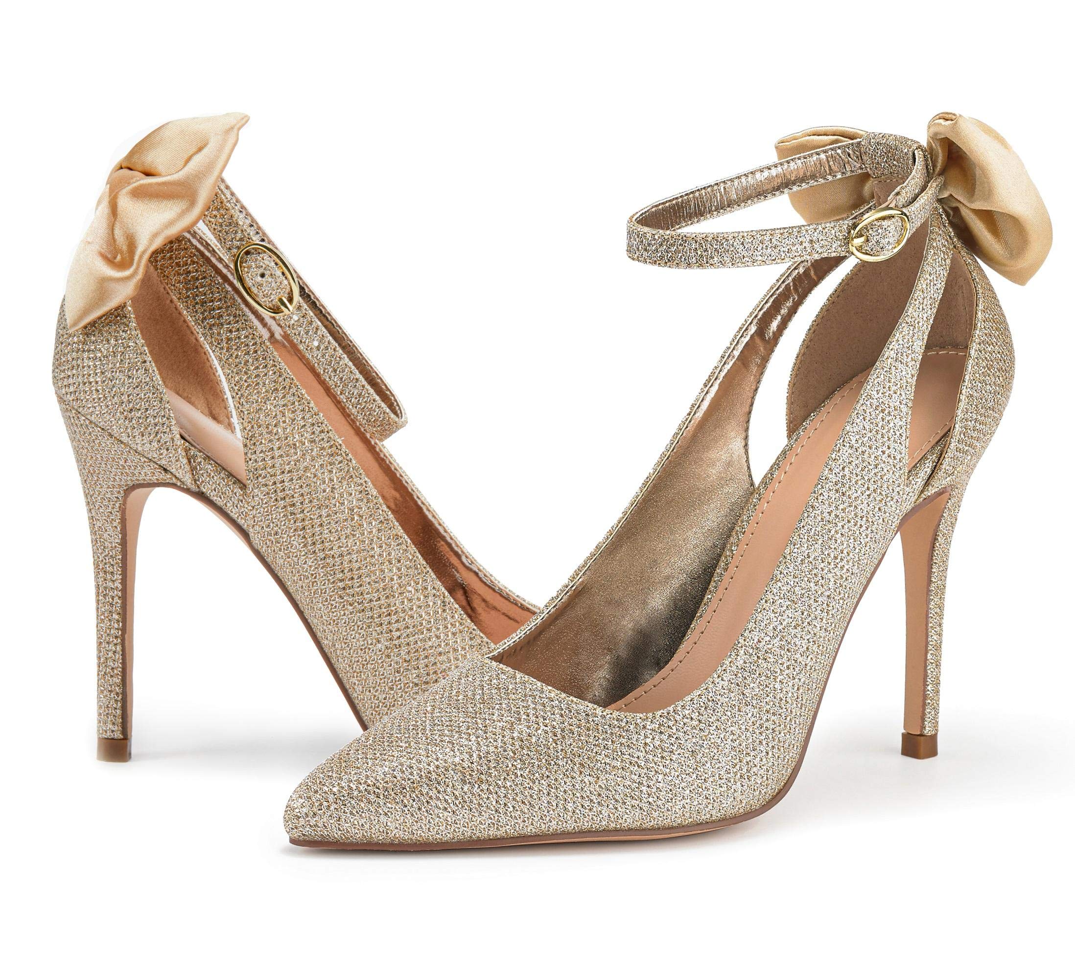 Fashare Womens High Heels Bow Tie Back Sexy Stiletto Ankle Strap Wedding Dress Pumps Shoes