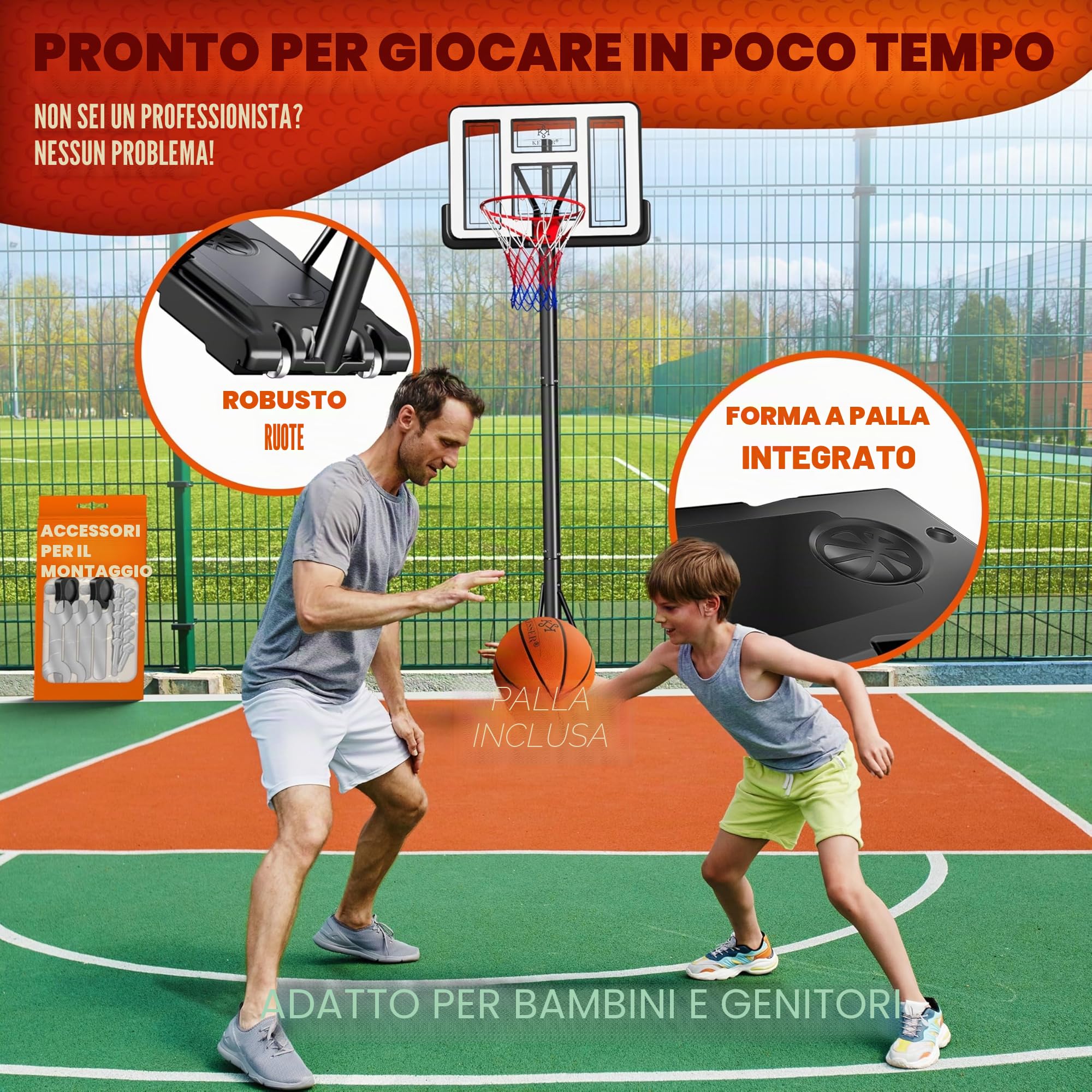 KESSER® Canestro di basket Premium con supporto e rotelle incl. pallone da basket + pompa; altezza canestro regolabile da 230 a 305 cm; impianto basket da esterno completo