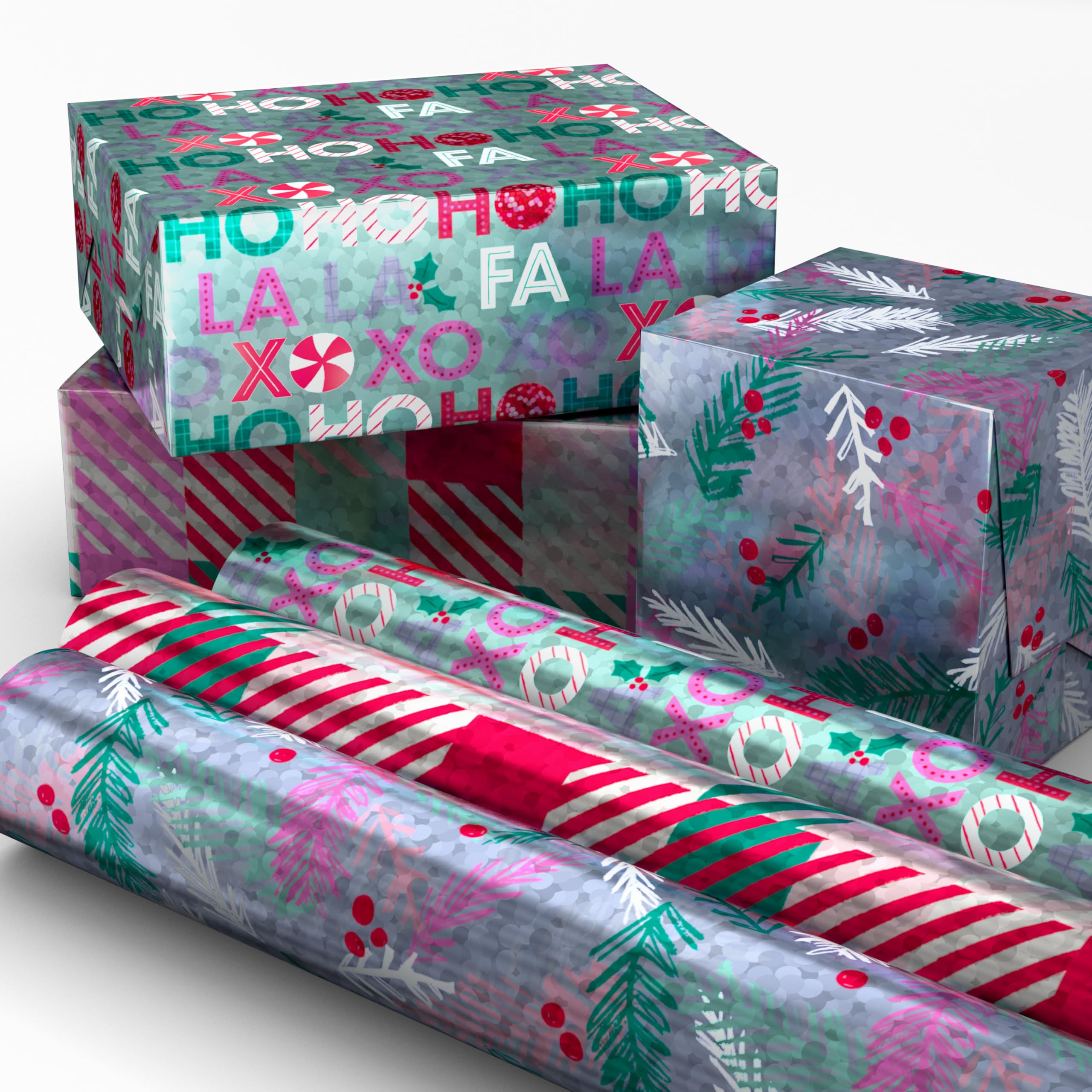 Hallmark Mint Green, Pink and Purple Christmas Wrapping Paper Mini Rolls, 3-Pack (Plaid, Evergreen Sprigs, Fa La La Ho Ho Ho XOXO) for Kids, Teens, Winter Birthdays - 45 Sq. Ft. Total
