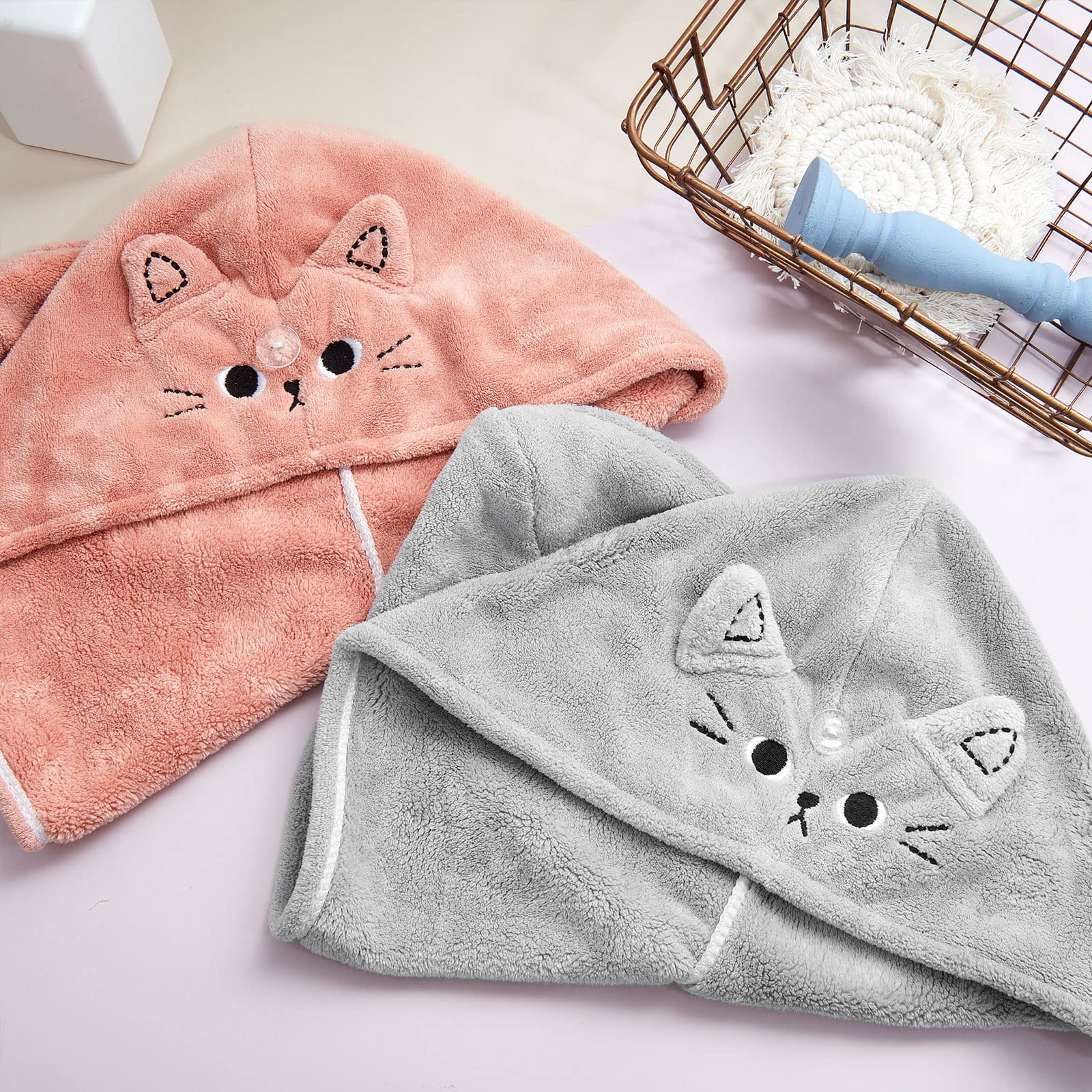 Tatuo 2 Asciugamano per Capelli in Microfibra Asciugatura Rapida da Doccia Asciugamano Turbante Carino Avvolgere la Testa per Donna Bagno Mare Piscina(Rosa Scuro, Blu-Grigio,Gatto)