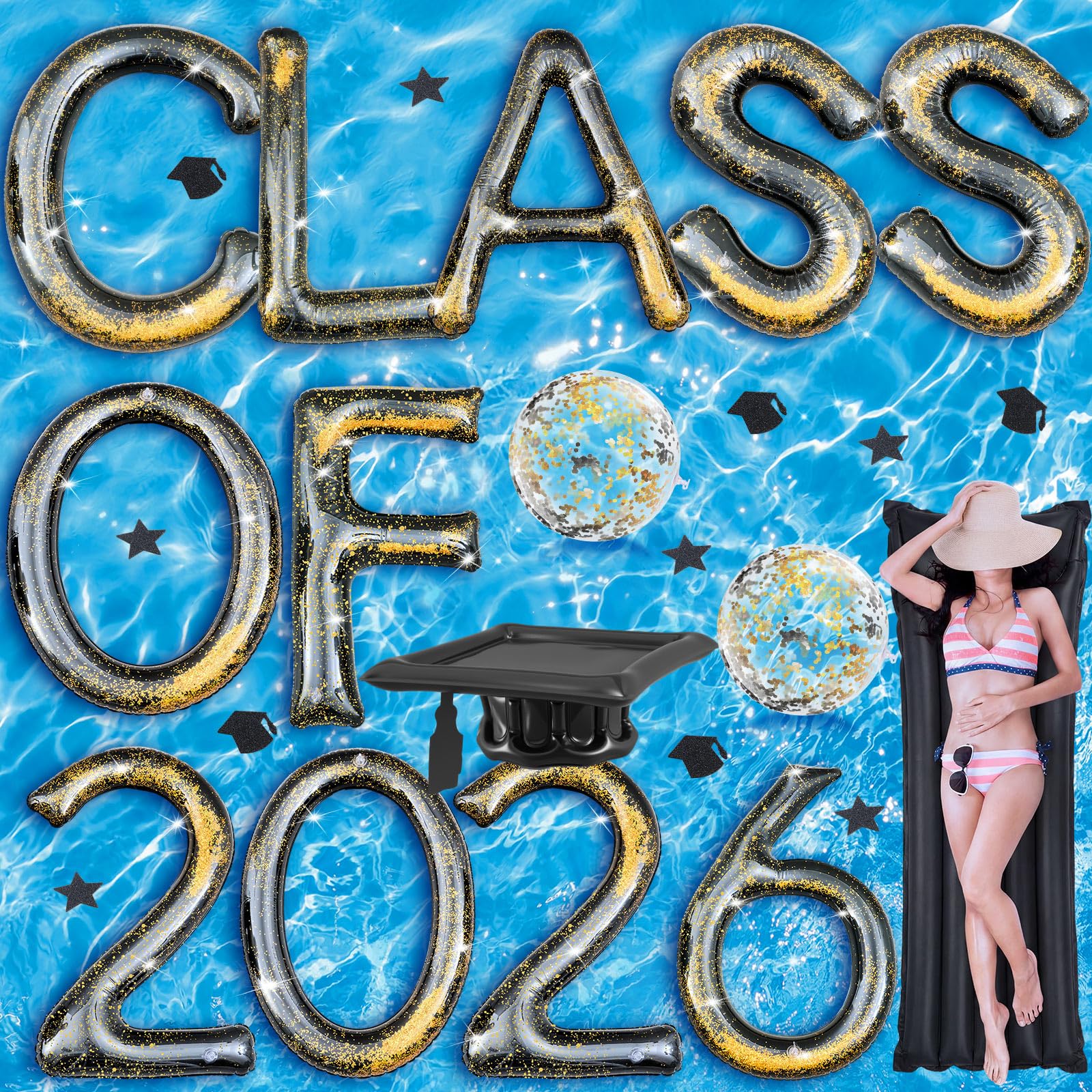Photo 1 of Sumind 14 Pcs Class of 2026 Pool Float Decorations, 30 x 40 in Extra Large Inflatable Letters, Glitter Prom Party Decor Grad Cap & Ball for Grad Pool Party, Photo Props, Graduation Games (Black Gold)