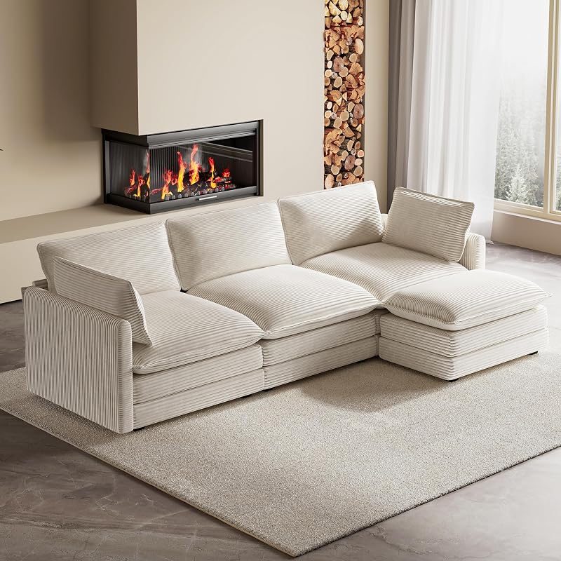 ROWHY 104'' Modular Sectional Cloud Couch with Movable Ottoman, 4 Seat Modern Corduroy Sofa, Deep Seat L Shaped Couch for Living Room Bedroom Apartment, Beige image 2