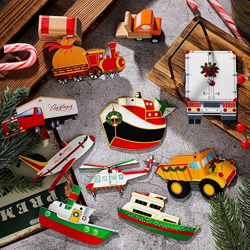 Miniatura 2 de 36 piezas de adornos colgantes para árbol de Navidad, mini barco, coche, avión, tren de combate, pequeño colgante de camión rojo, decoración de