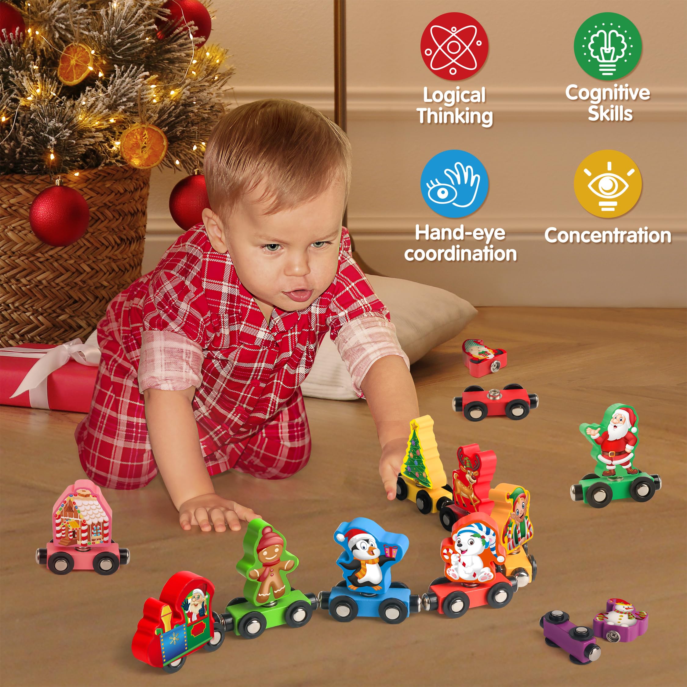Vanmor Christmas Train Set for Toddlers, Snap Train Toys for Wooden Tracks,Magnetic Holiday Trains Color Matching Learning Toys, Fine Motor Skill Educational Toy Gift for 3 4 5 Years Old Kids