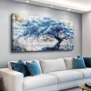 ERQINHUA Blue Tree Wall Paintings Canvas Wall Art For Living Room Large Wall Decor For Bedroom Office Decorations Farmhouse Abstract Watercolour Pictures Artwork Home Decor Ready To Hang 20"X40"