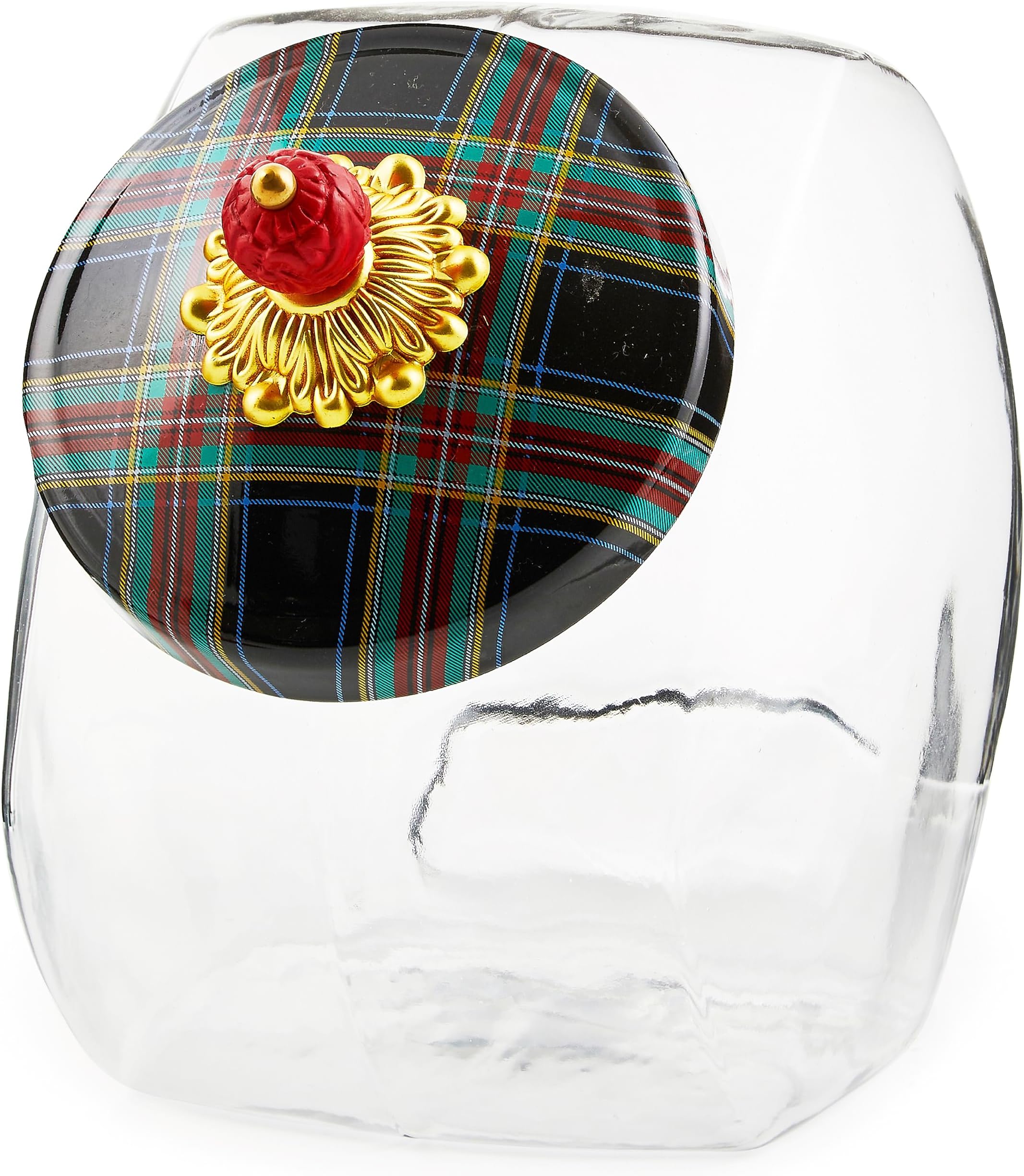 MACKENZIE-CHILDS Cookie Jar with Lid, Large Glass Cookie Jar with Enamel Lid, 1-Gallon Capacity, Black Tartan