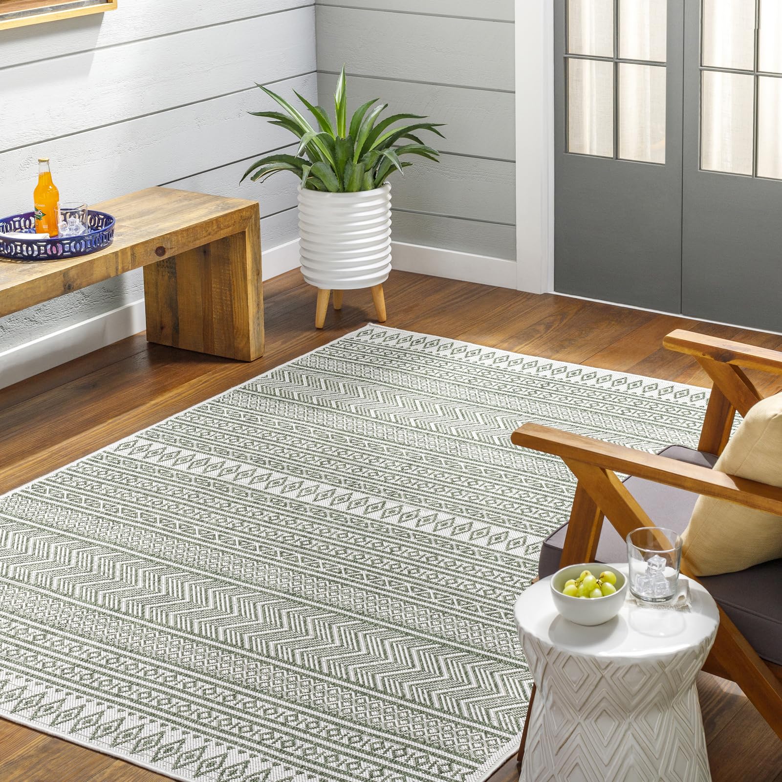 Livabliss Mimi Motril Geometric Indoor Outdoor Carpet 130x180 cm – Patio, Garden, Decking, Boho Pattern, UV & Weather Resistant, Stain Durable, Green & Ivory