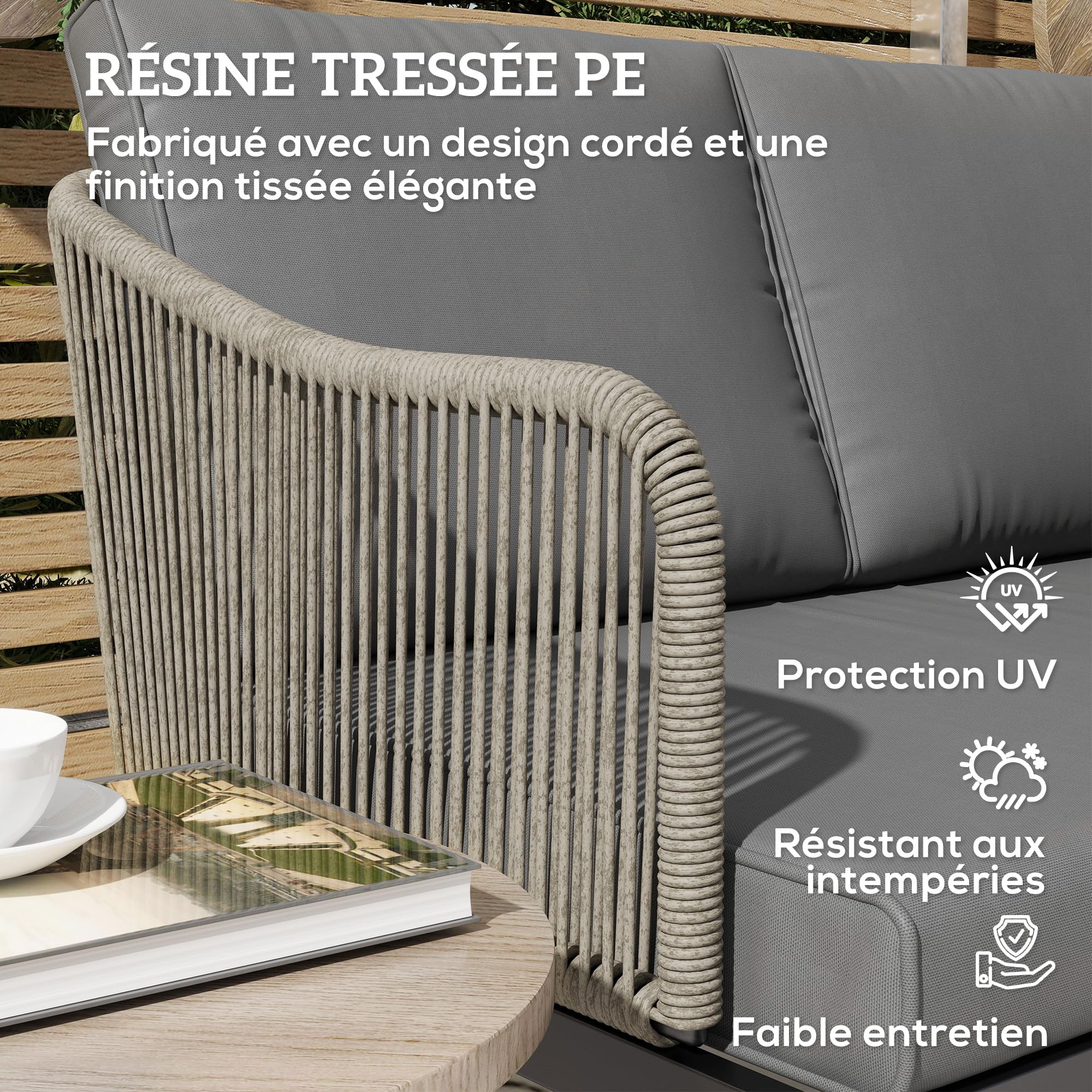 Outsunny Canapé de Jardin 2 Places avec Coussins en résine tressée, canapé d'extérieur avec accoudoirs, Cadre en Acier pour Jardin, Gris foncé