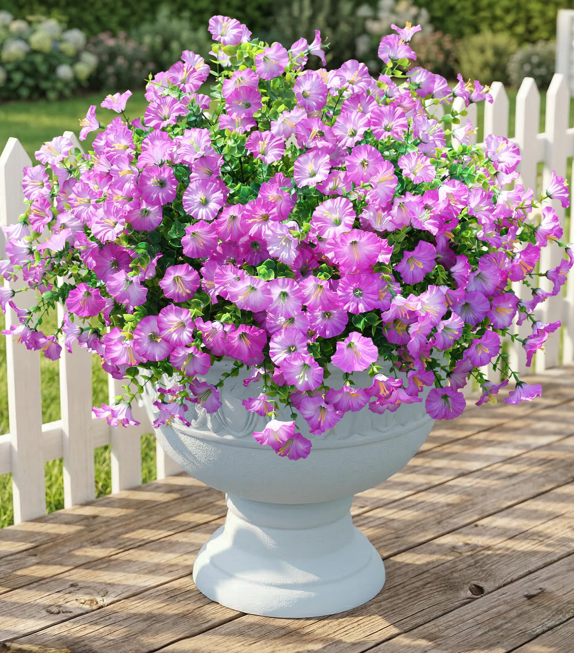 Artificial Flowers Fake Plants for Outdoors Decoration, 12 Bundles Purple Silk Morning Glory with Eucalyptus Realistic UV Resistant Faux Flowers Greenery for Outside Planter Yard Garden Home Indoor
