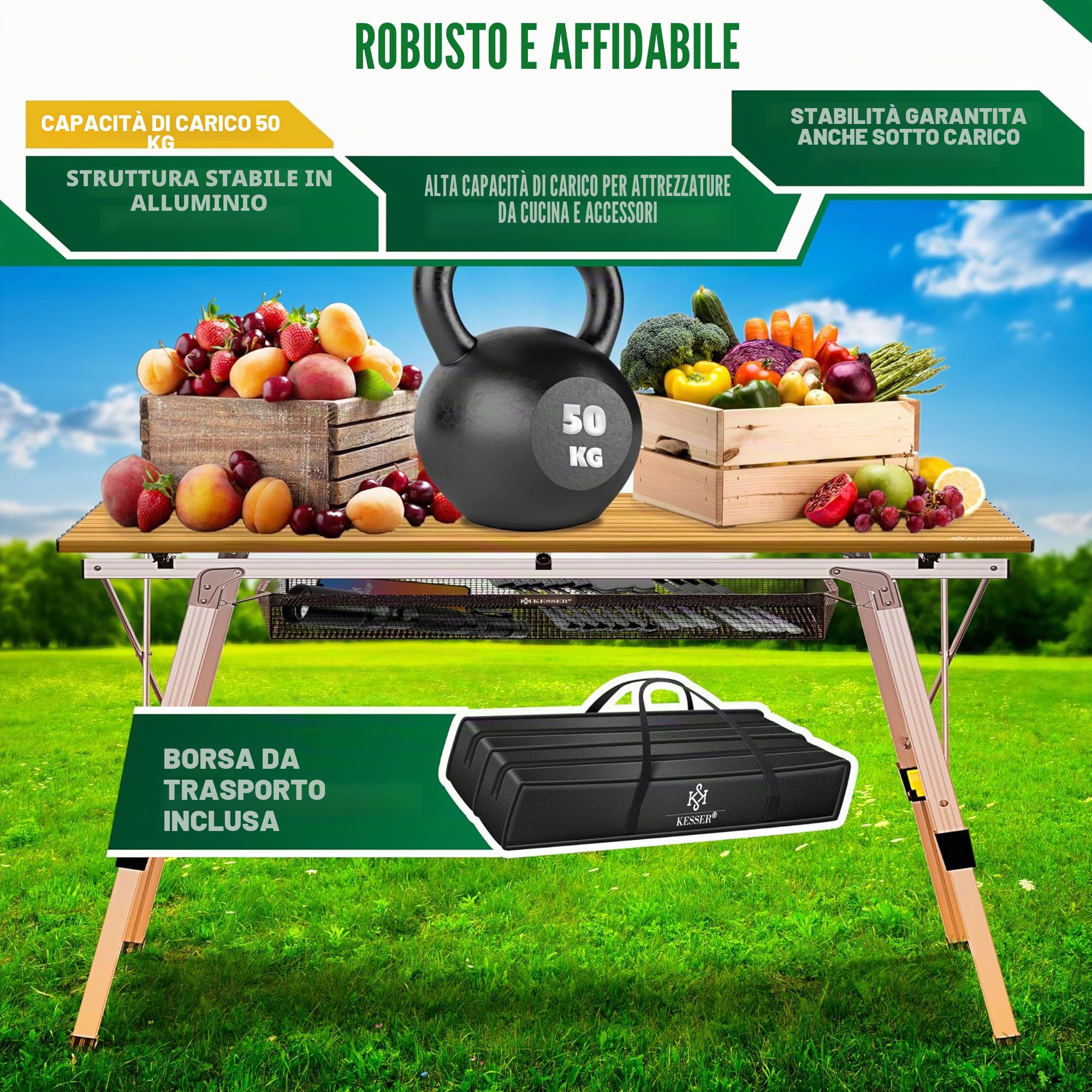 KESSER® Tavolo da Campeggio Pieghevole Tavolo Pieghevole Tavolo da Campeggio con Telaio in Alluminio Piano del Tavolo Arrotolabile Tavolo Pieghevole con Regolazione dell'altezza