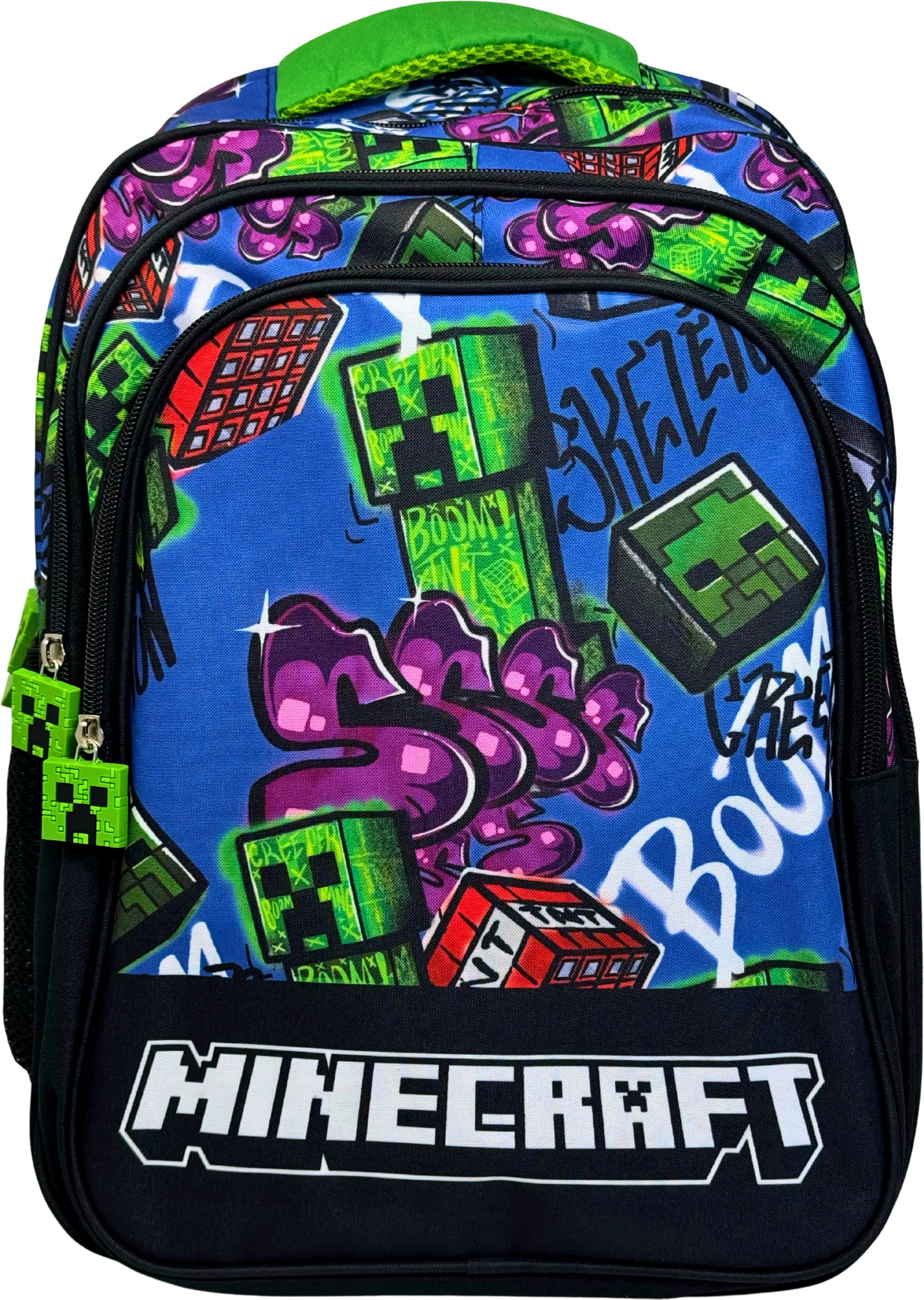 Zaino Scuola Elementare Bambino 3 Scomparti per fan di Minecraft | 6-12 anni, Schienale imbottito, 2 tasche borraccia, Dettagli riflettenti, 33x43cm,