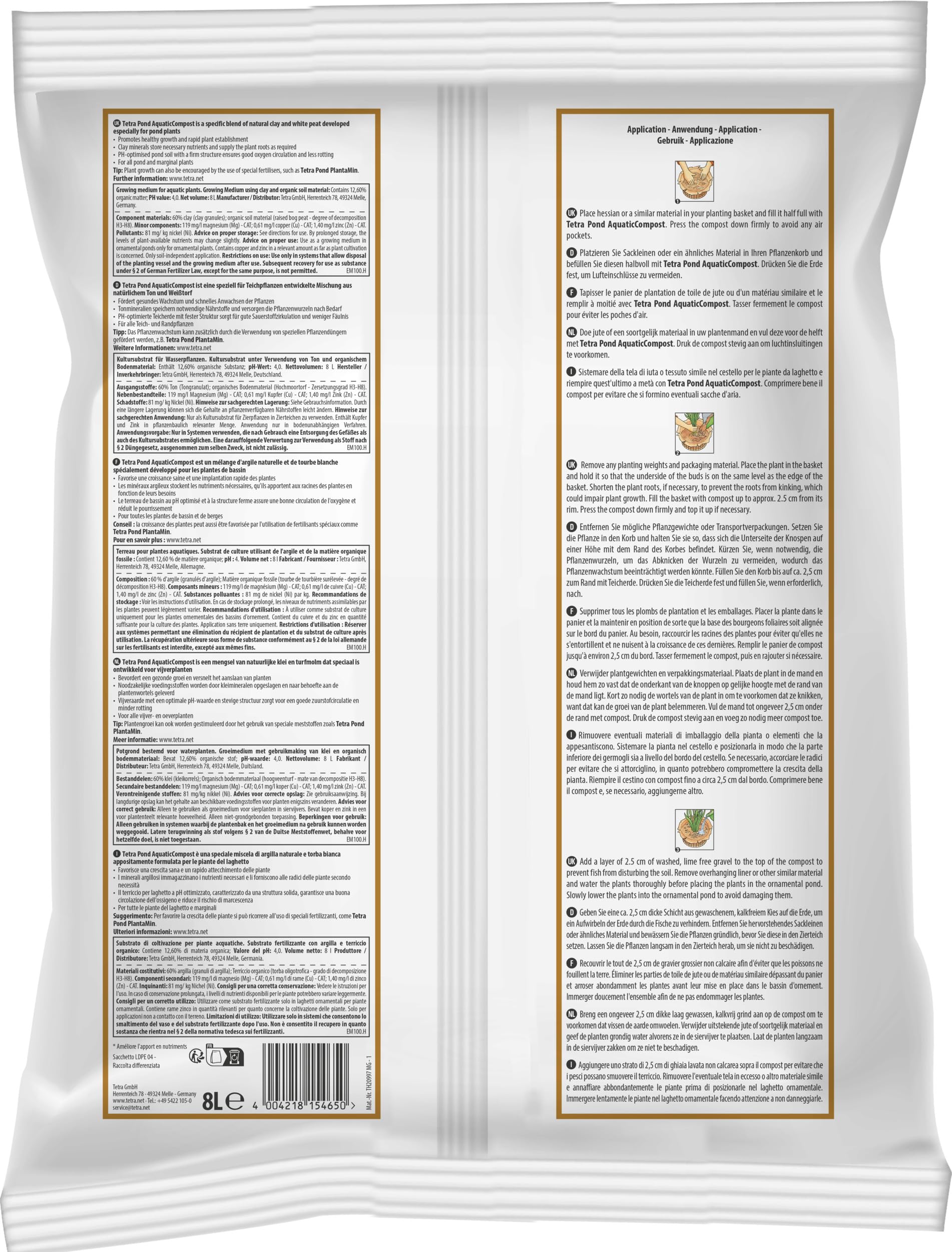 Tierra para estanques Tetra Pond AquaticCompost – Sustrato desarrollado Especialmente para Plantas de Estanque, 8 L