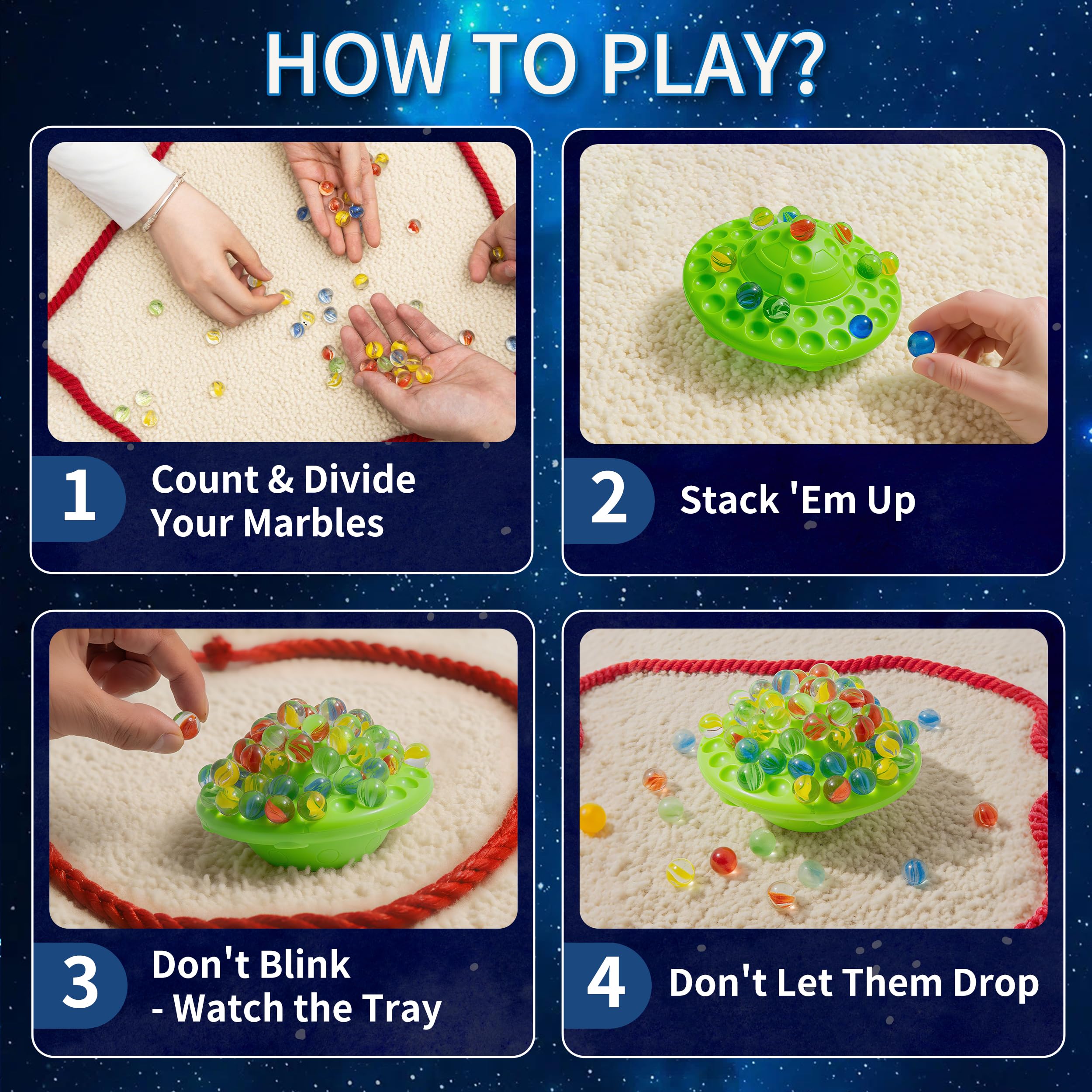 UFO - Juego de equilibrio de mármol, 60 canicas coloridas para niños, desafío de apilamiento familiar, juego de fiesta con estuche de almacenamiento 2