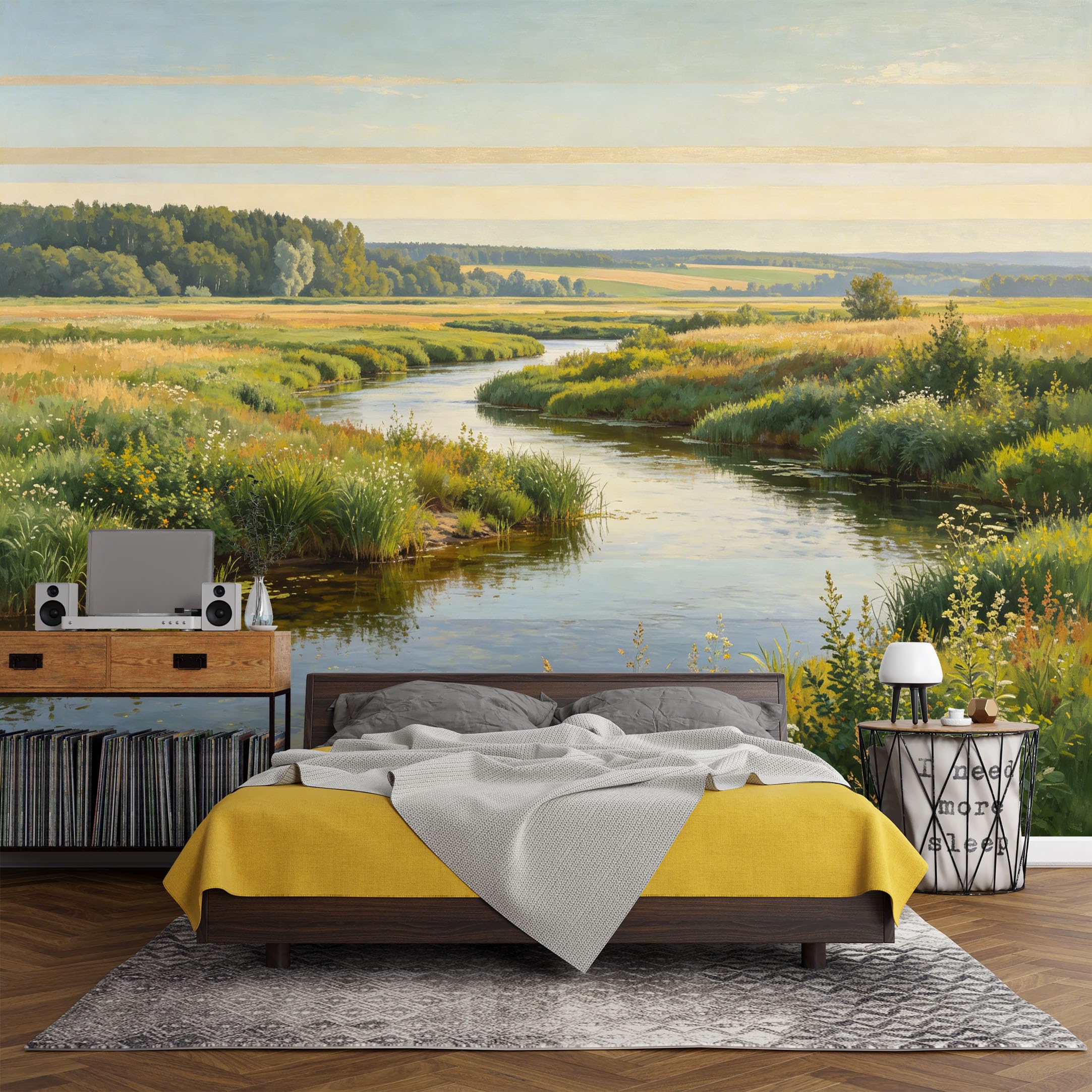 Custom Size Wall Mural， Landscape River Meadow Summer Fields Nature Scenery， SelfAdhesive Art Prints wall Fabric (No PVC) Removable Wallpaper Living Room Decor