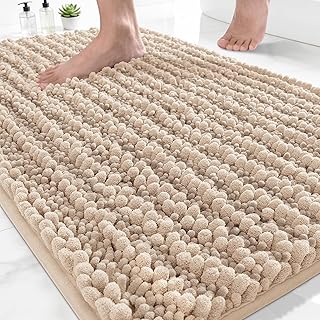 Yimobra Bathroom Rugs Non Slip Washable - Ultra Soft Absorbent Chenille Bath Mat, Quick Dry Shaggy Floor Carpet for Tub Shower, Light Brown Home Decor Accessories, 24x17 Inch
