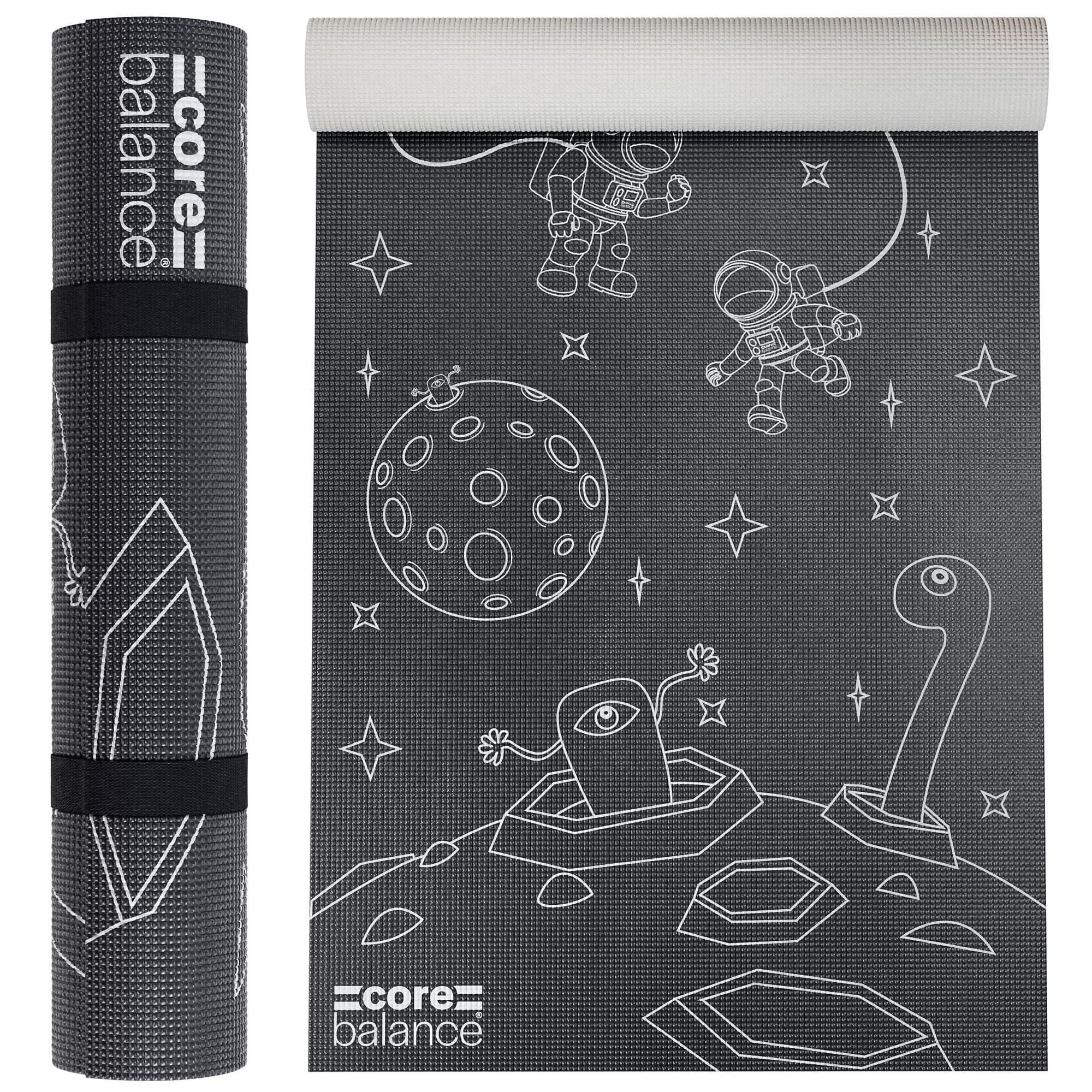 Core Balance Kids Yoga Mat with Strap, Screen-Printed Space Pattern, Non Slip PVC Foam, Textured Grip, 6mm Thick for Cushioning & Support, Easy to Clean, Active Play & Exercise Mat, 152cm x 60cm