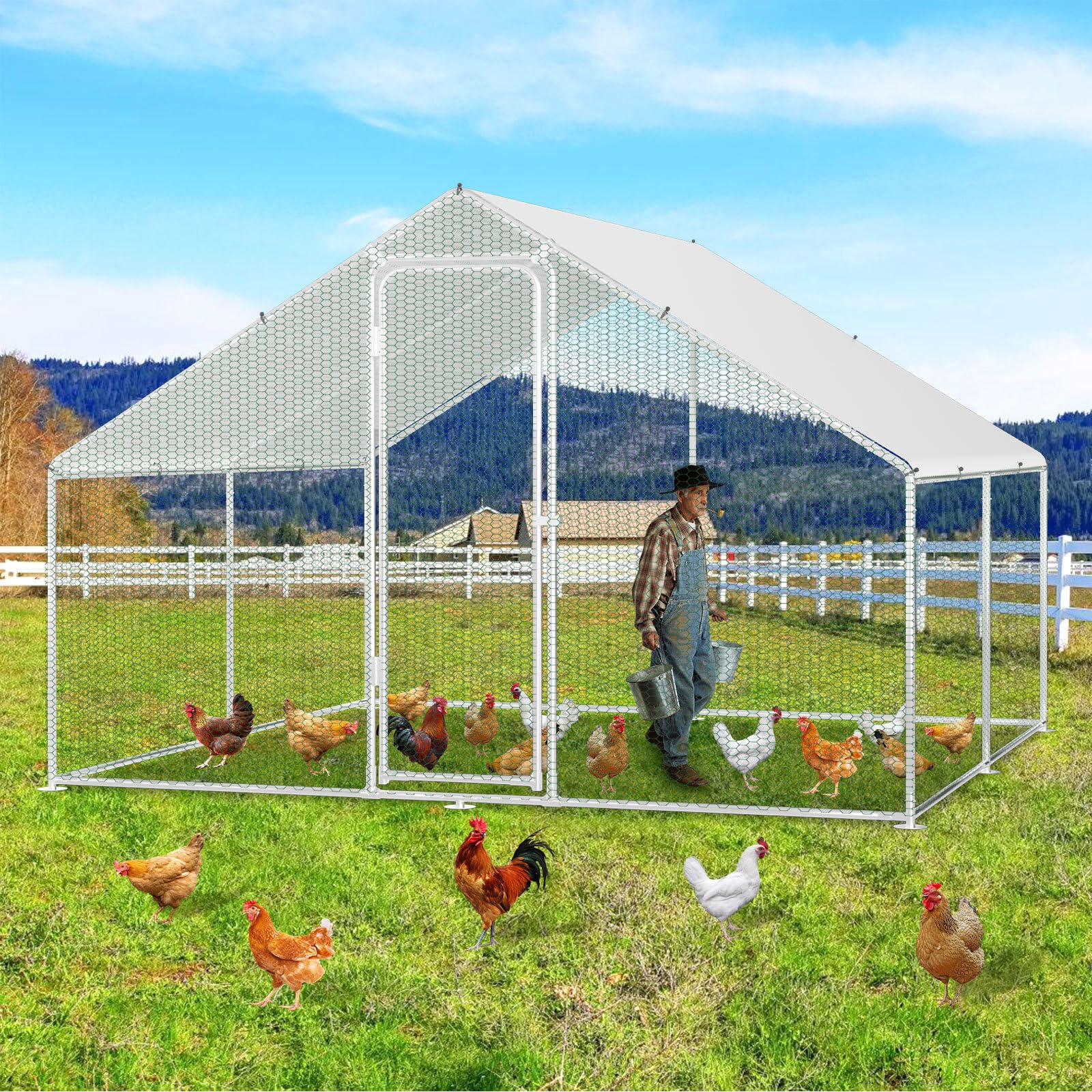 Poulailler pour chats et poules - Parc extérieur - 3 x 3 x 2 m - En acier galvanisé - Toit ombragé revêtu de PVC pour volaille, lapins, chiens