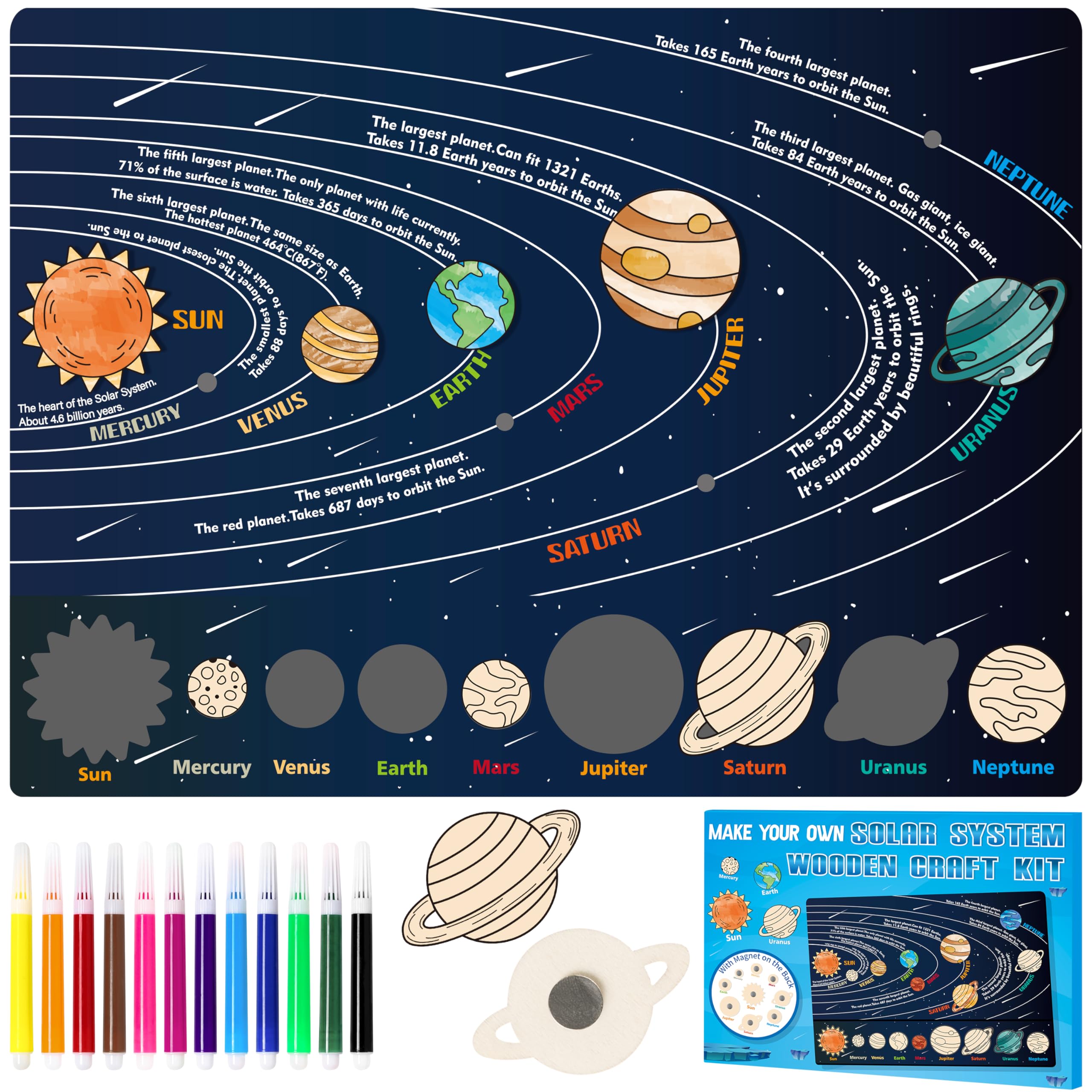 WATINC Solar System Wooden Craft Kit - Color Your Own Planets DIY Magnet Puzzle Playboard, Outer Space Planets Galaxy Preschool Early Learning Class Activities Interactive Play Set Gift for Kids