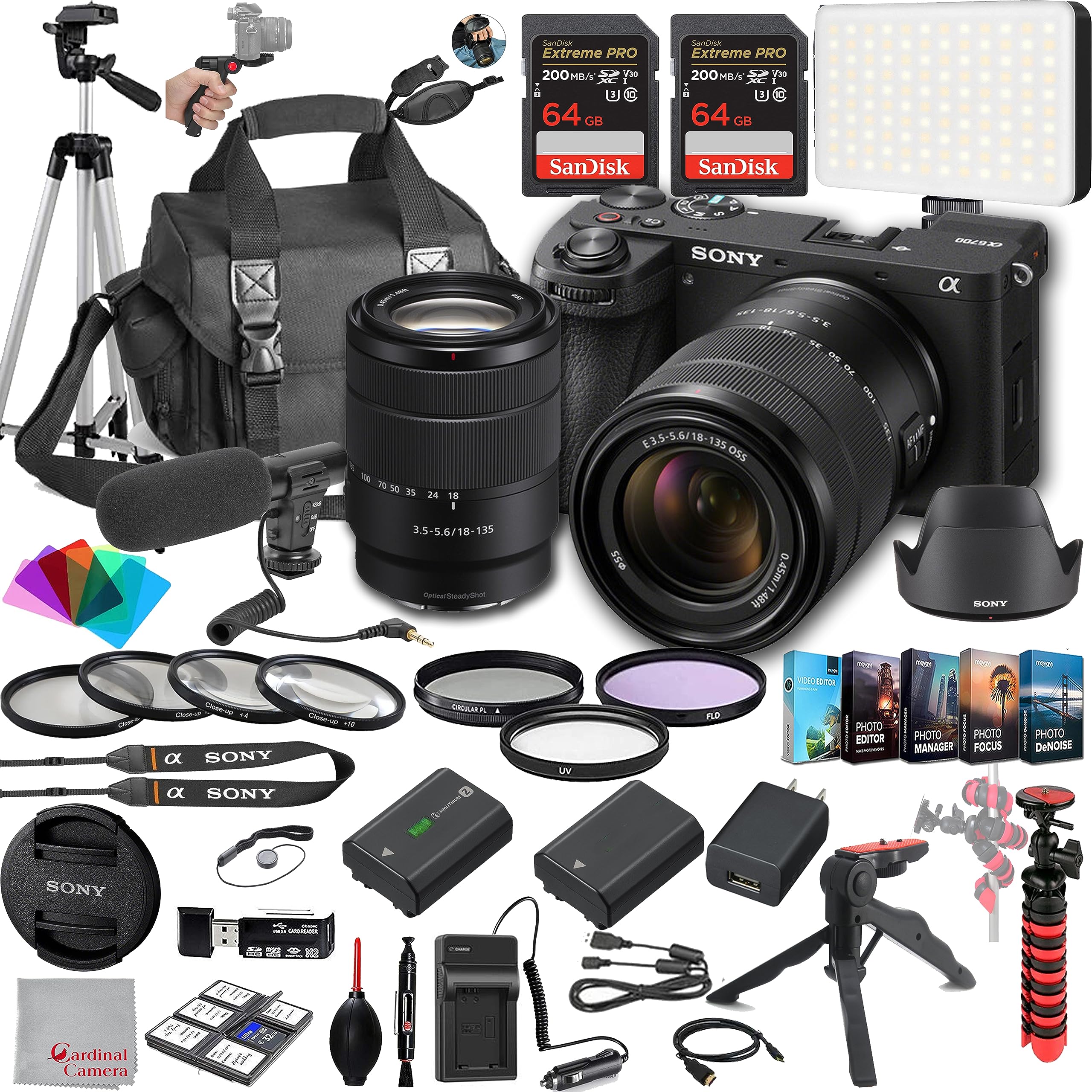 Sony a6700 Mirrorless Camera with 18-135mm Lens, 128GB Extreem Speed Memory,Microphone, 120LED Video Light, Tripod, Filters, Hood, Grip,Spare Battery & Charger, Editing Software Kit -Deluxe Bundle