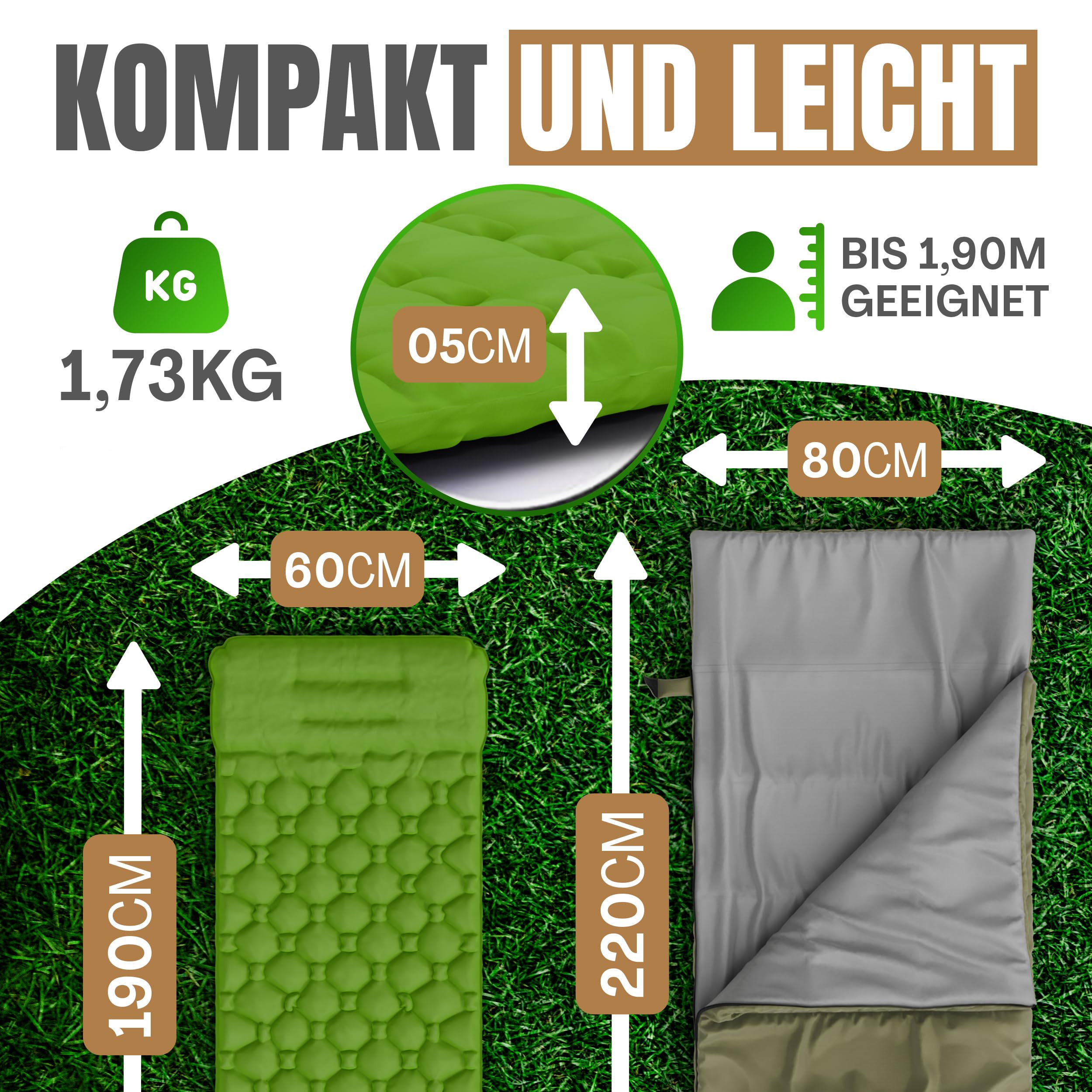 Schlafsack mit integrierbarer Isomatte & Fußpumpe – Outdoor Set für Festival, Trekking und 3-Jahreszeiten Camping