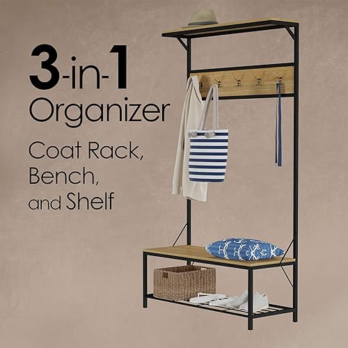 Miniatura 3 de Lavish Home Banco de entrada con muebles de hierro de asiento y madera con perchero de 5 ganchos, estante superior y almacenamiento inferior para
