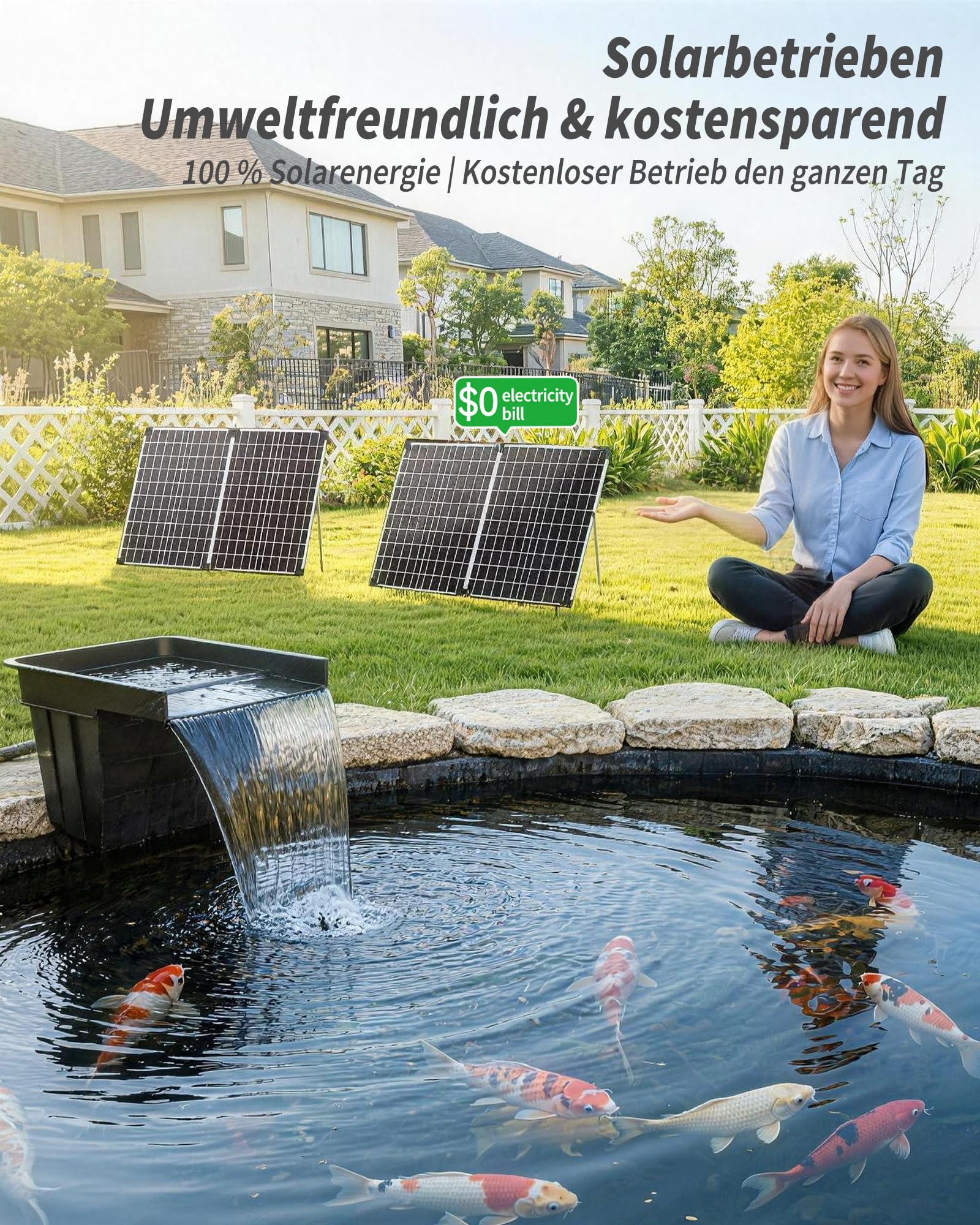 POPOSOAP Cascada Solar para Estanque con Panel Solar de 100W y Bomba de 4500 L/h, Tubo Corrugado de 3m, Material Filtrante, Cascada para Estanque de Jardín Exterior, Arroyos