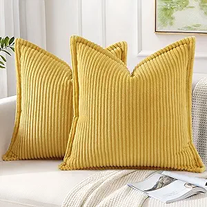 Mecatny Corduroy Throw Pillow Covers 22x22 Set of 2, Neutral Decorative Soft Boho Couch Pillow Covers with Broadside for Sofa Living Room, Mustard Yellow