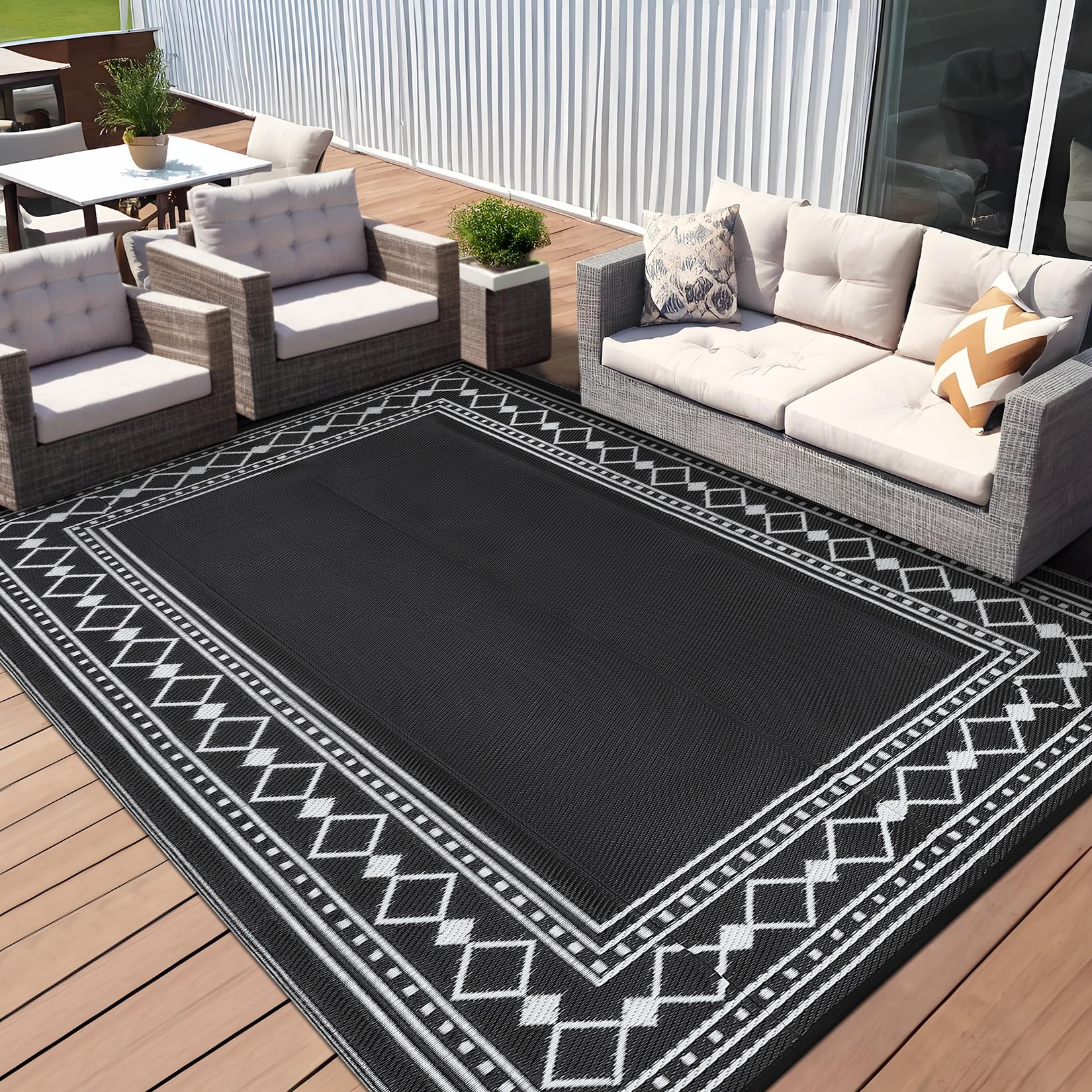 CAROMIO Small Outdoor Rug 5x8 Waterproof Outdoor Reversible Patio Rug, Portable Durable Picnic Mat, Weatherproof Outside Carpet for Porch RV Poolside Garden Yard Camper, Black