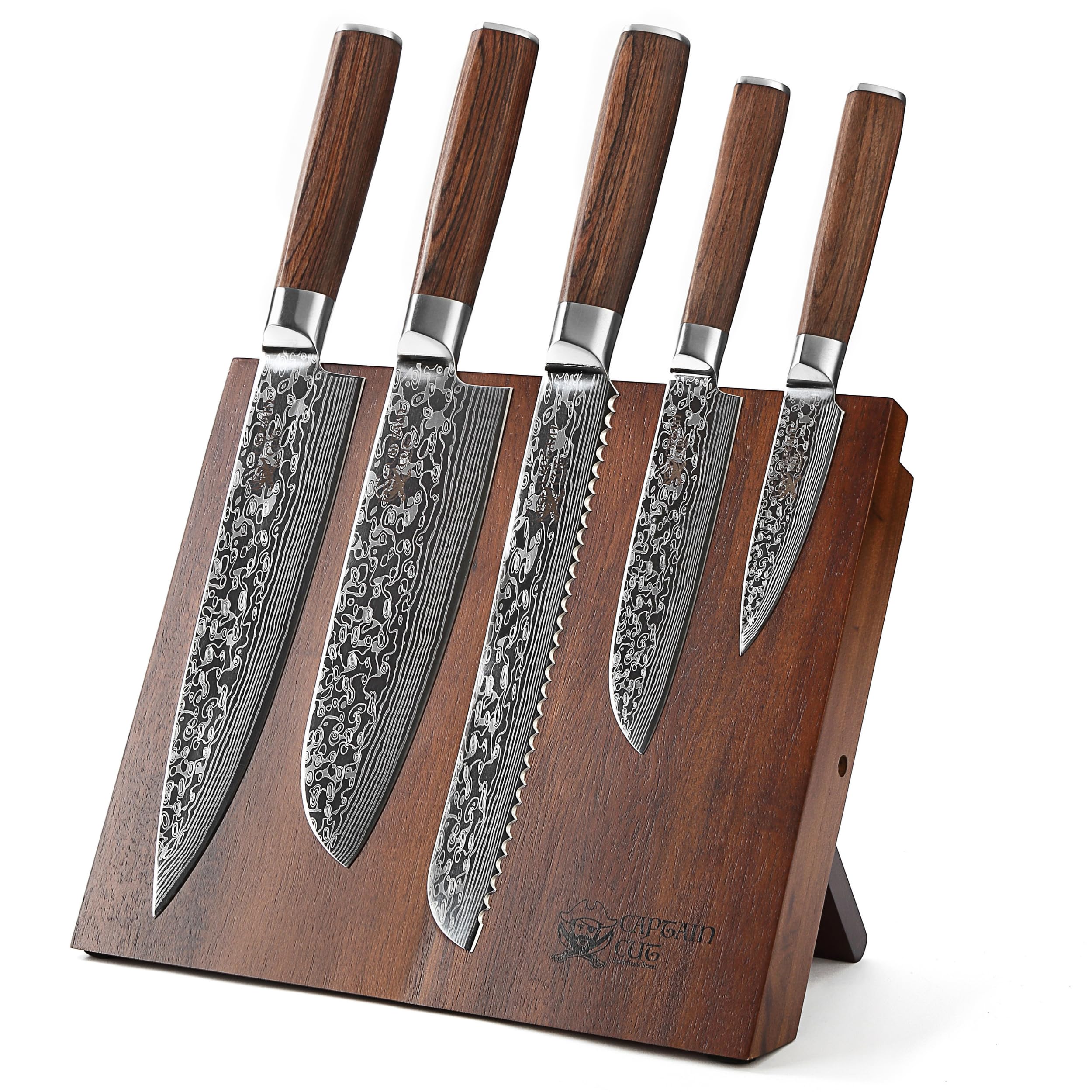 Messerset mit Block – 5-teiliges Küchenmesser Set mit magnetischem Messerblock aus Akazienholz | scharfe Edelstahl-Messer in Damast-Optik, Pakkaholzgriff | Kochmesser, Santoku & Brotmesser