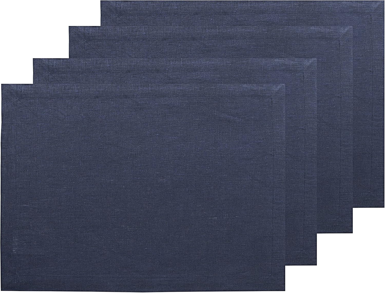 Solino Home Linen Navy Blue Placemats Set of 4 - 100% Pure Linen Placemats 14 x 19 Inch for Fall, Autumn, Thanksgiving, Christmas - Fete