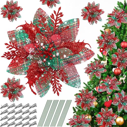 Miniatura 33 de Serwalin 20 flores de Navidad artificiales plateadas, flores de nochebuena con clips, tallos con purpurina, adornos para árbol de Navidad, boda