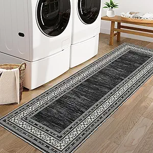 GlowSol Modern Runner Rug 2x6 Washable Bordered Hallway Runner Washable Rug Kitchen Runner Black Laundry Room Rug Runner Non Slip Non-Shedding Low Pile Soft Carpet Runner for Bathroom Bedroom Entry