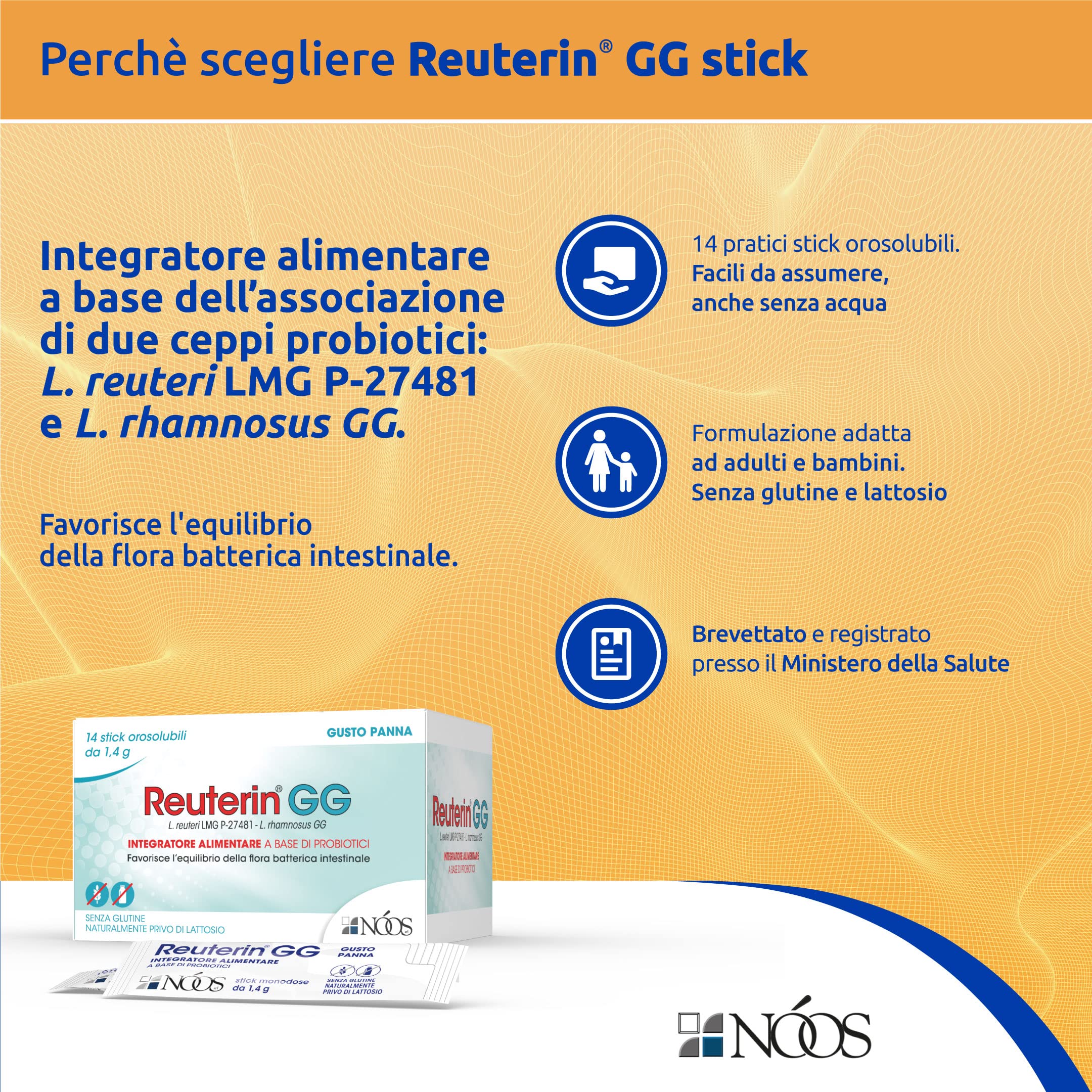 Fermenti Lattici Probiotici per Intestino Reuterin GG 14 Stick Orosolubili 10 Miliardi di Fermenti Lattici Adulti, Bambini Probiotico Completo con Reuteri, Lactobacillus Rhamnosus GG