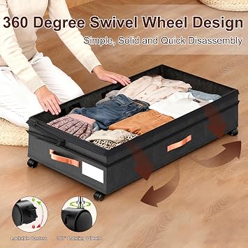 XXL Under Bed Storage with Wheels, 2 Pack 70L Extra Large Rolling Organizer, Heavy-Duty Foldable Storage Container with Lids, Fits 10 Clearance, Black